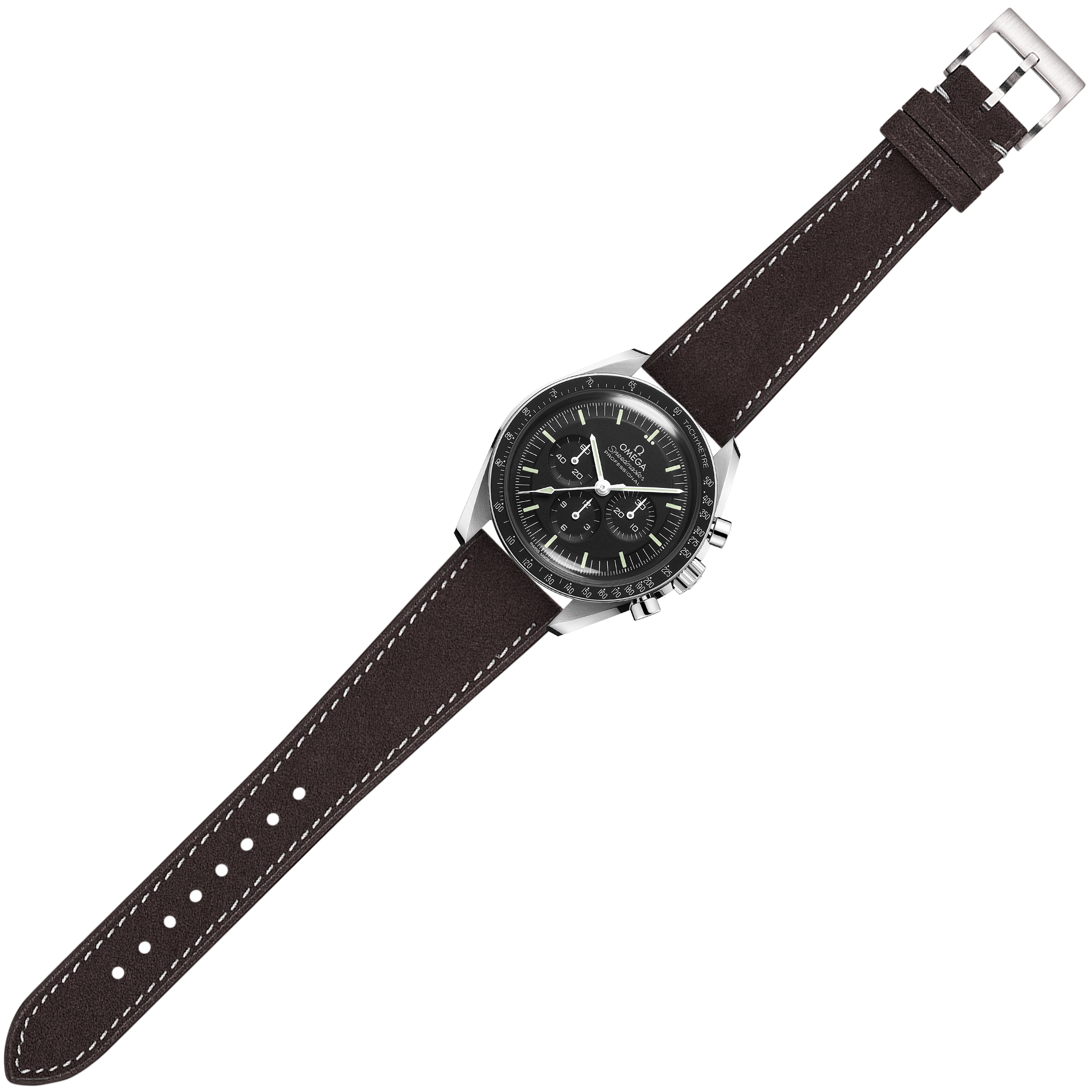 Classic chronograph watch with stainless steel case, black dial, and dark brown Alcantara leather strap with white stitching