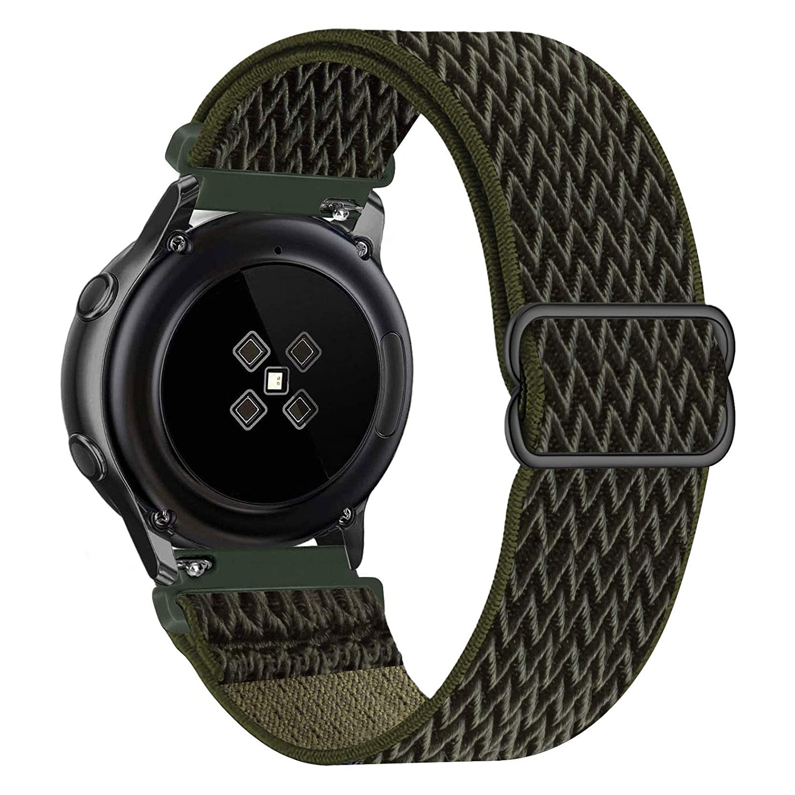 Olive weaved loop smartwatch band with quick release buckle and black round watch face
