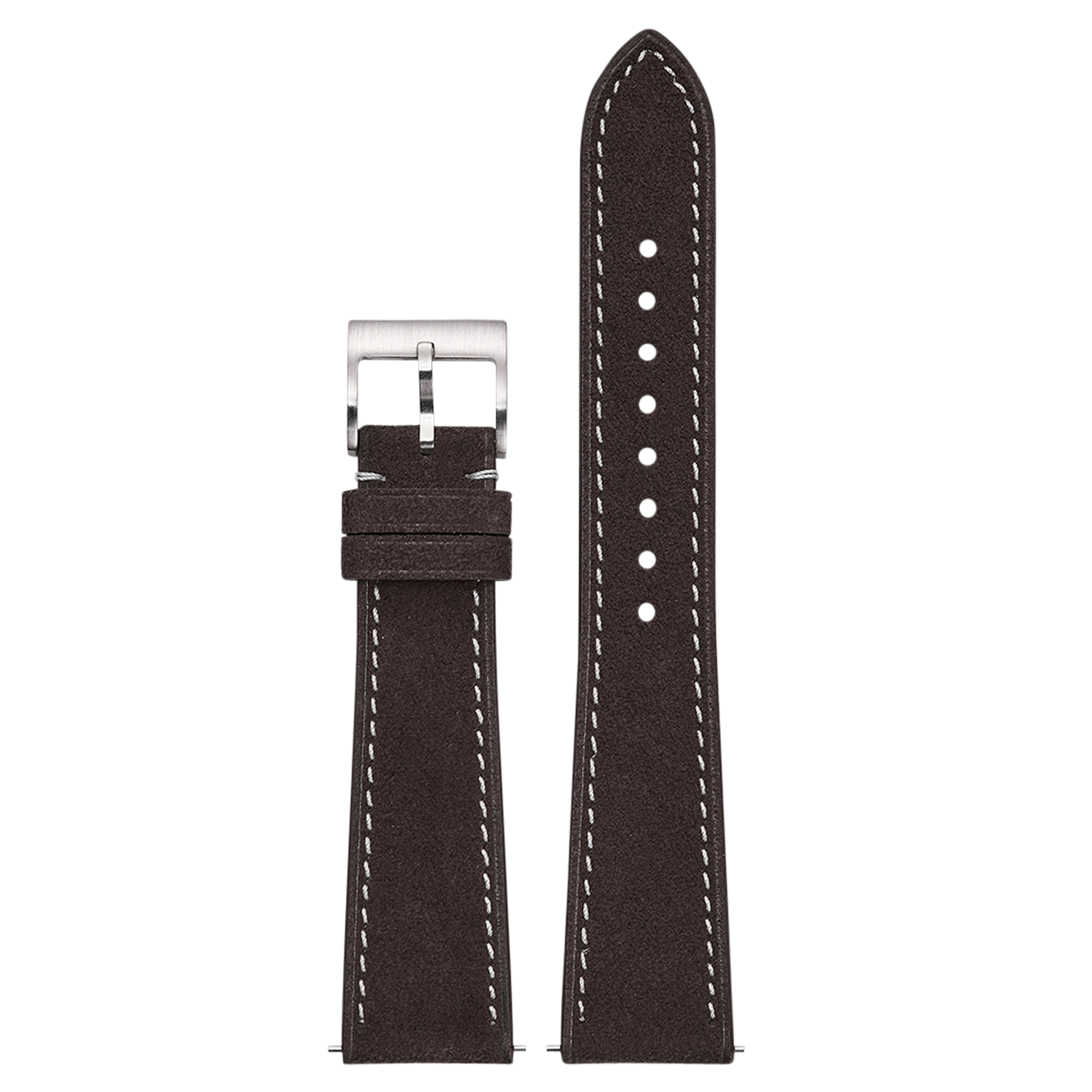 Dark brown Alcantara leather watch strap with white stitching, silver buckle, 20mm quick-fit band