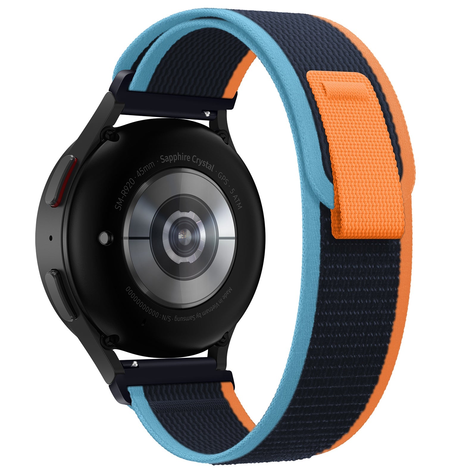 Black smartwatch with sapphire crystal face and colorful blue, orange, and navy quick release trail loop band