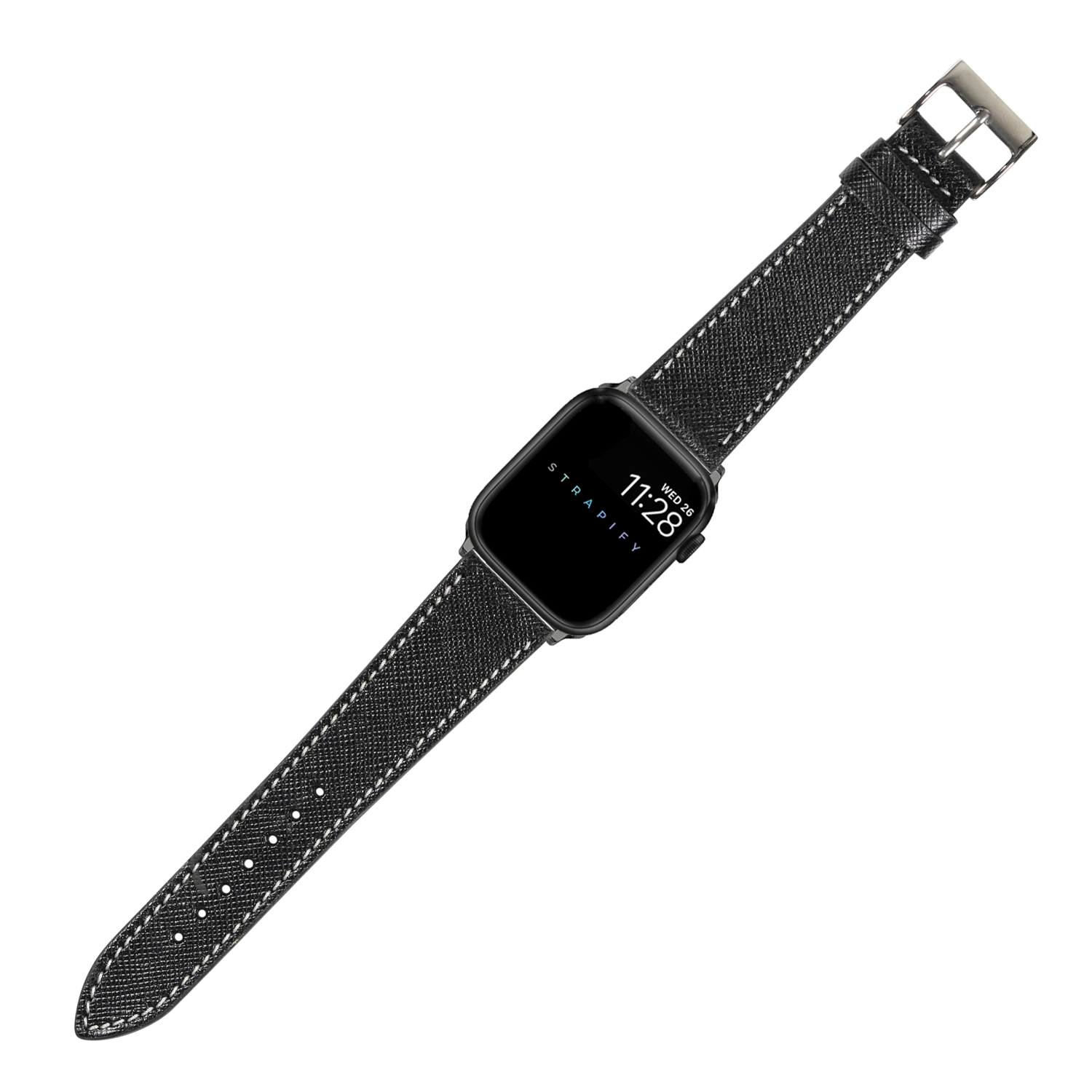[Apple Watch] Saffiano Leather - Black with White Stitching