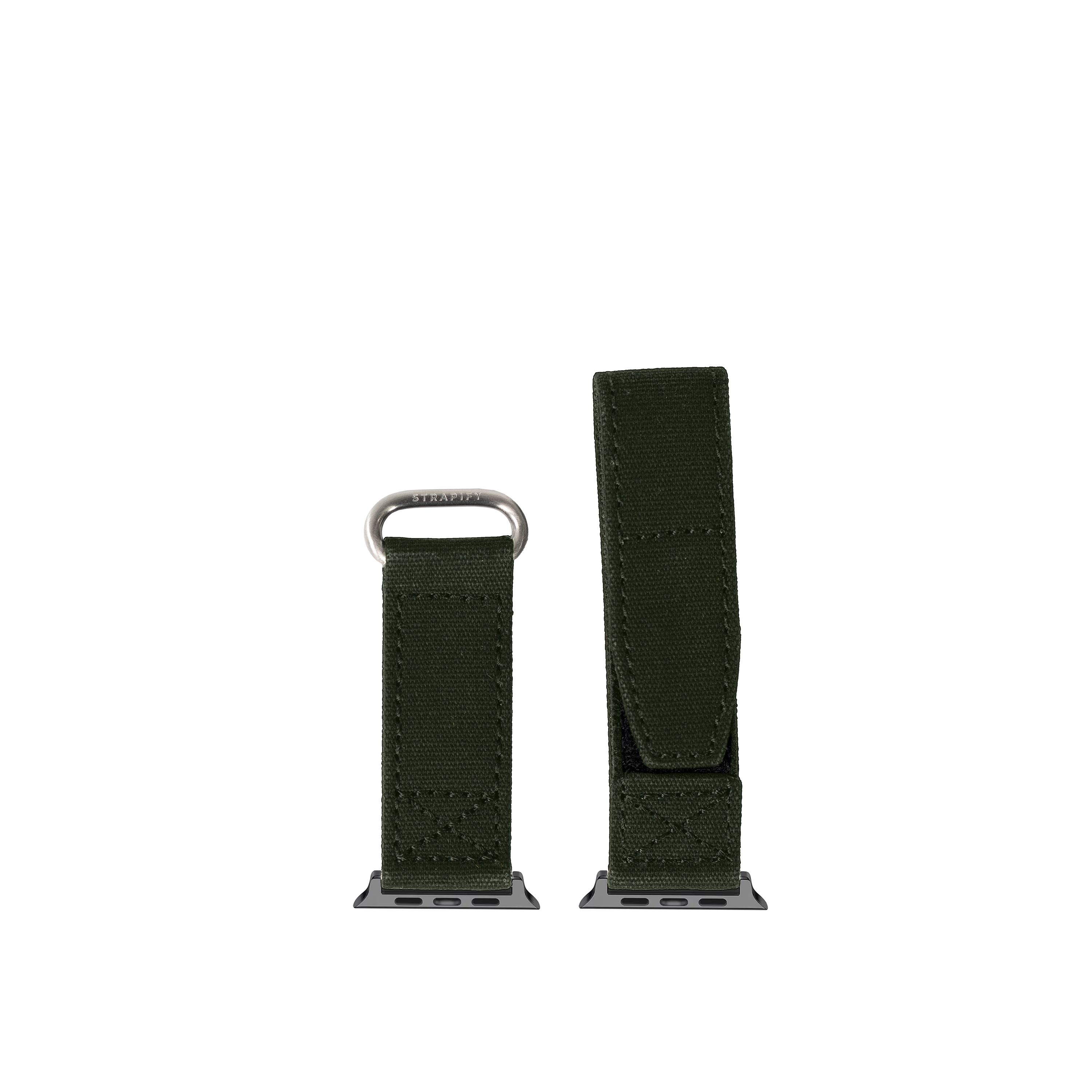 Olive green military velcro watch band with titanium connector and loop, shown in two sizes for Apple Watch compatibility