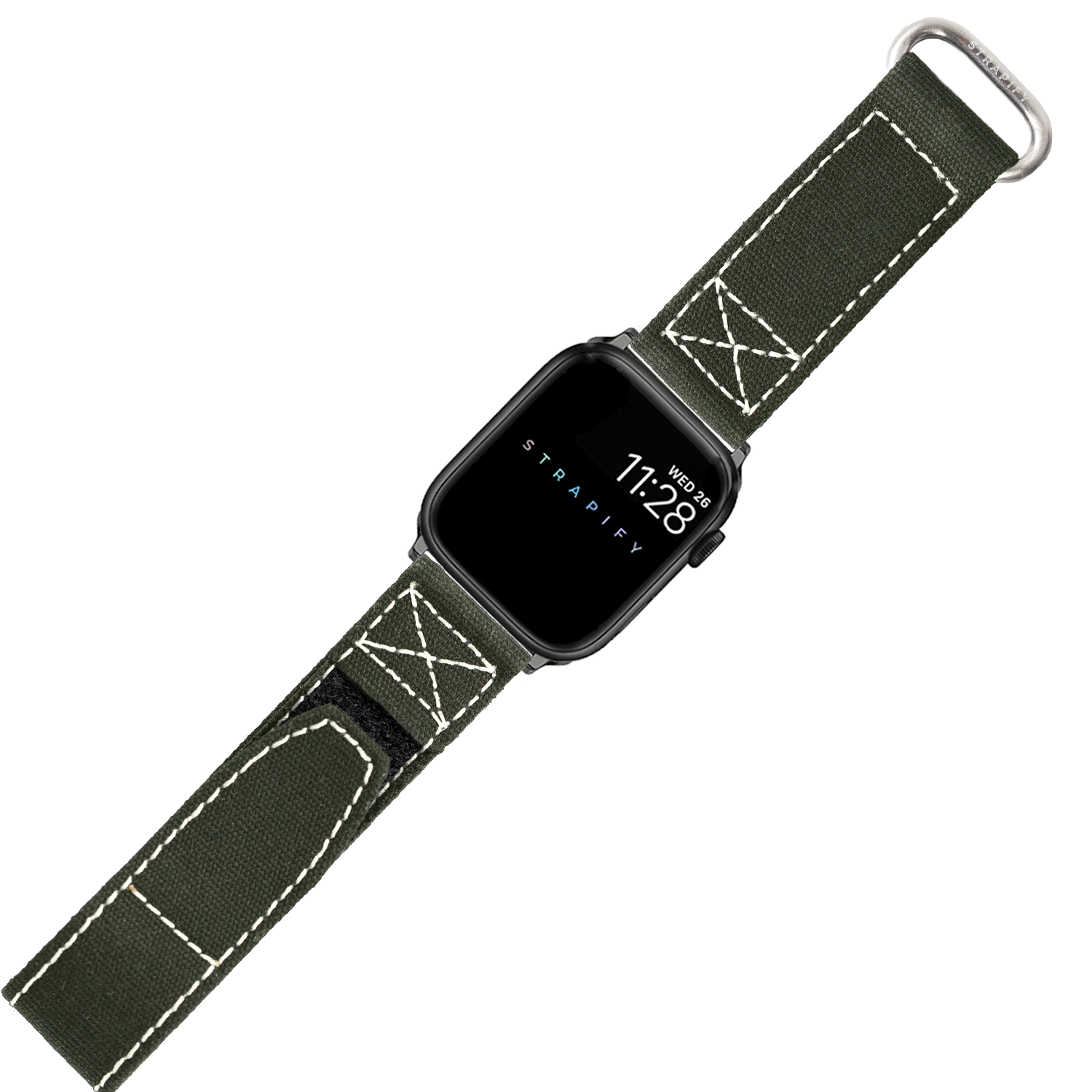 Military green canvas Apple Watch band with white contrast stitching, aluminum buckle, and velcro closure