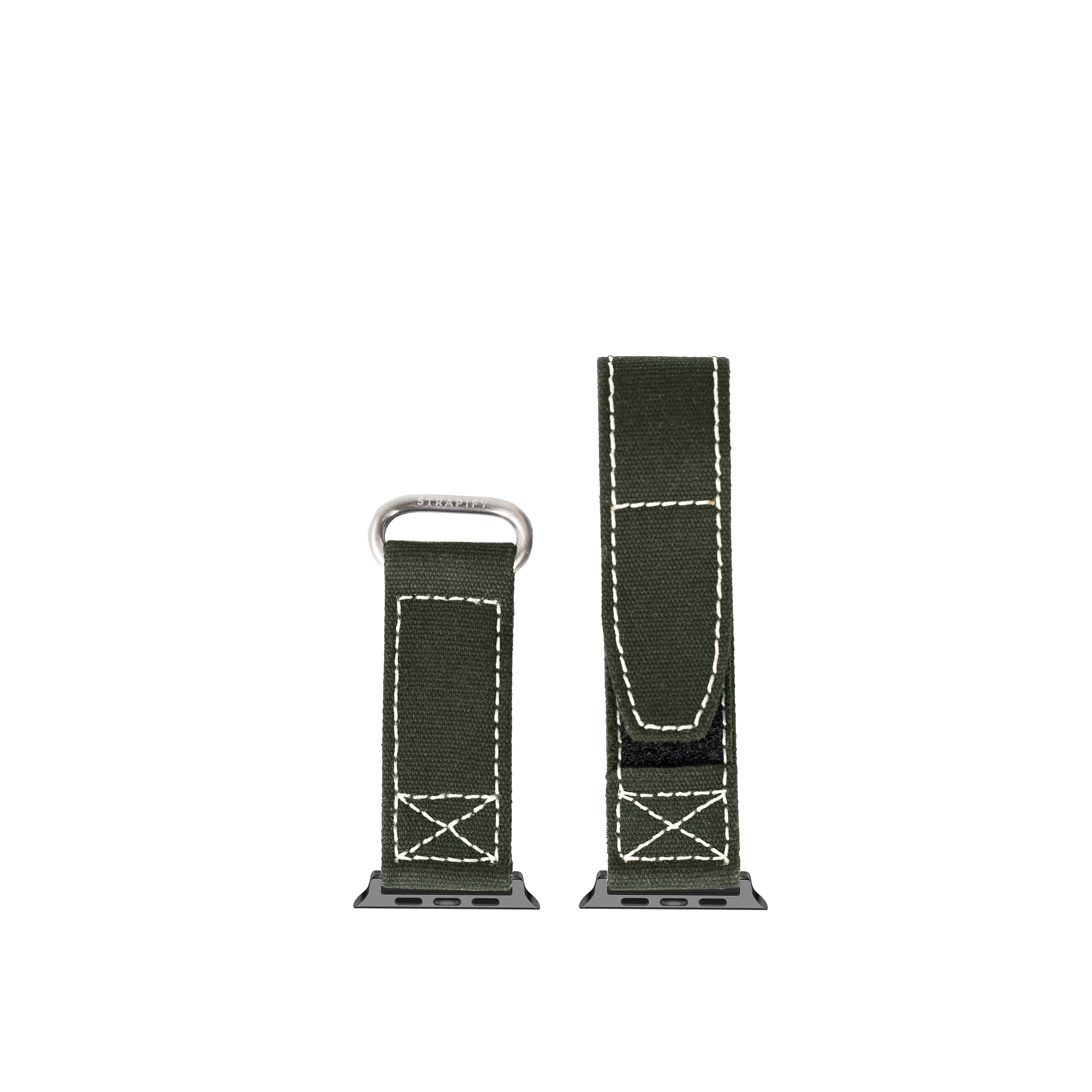 Military-style army green canvas Apple Watch band with white stitching and velcro closure in two size options