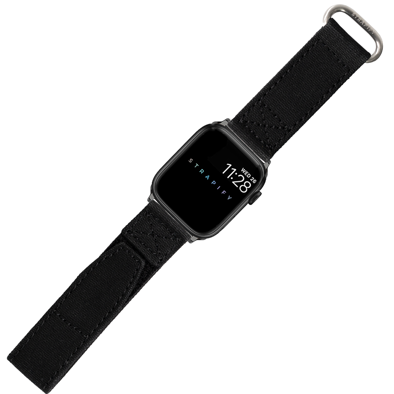 Black military velcro strap for Apple Watch with silver buckle and D-ring connector
