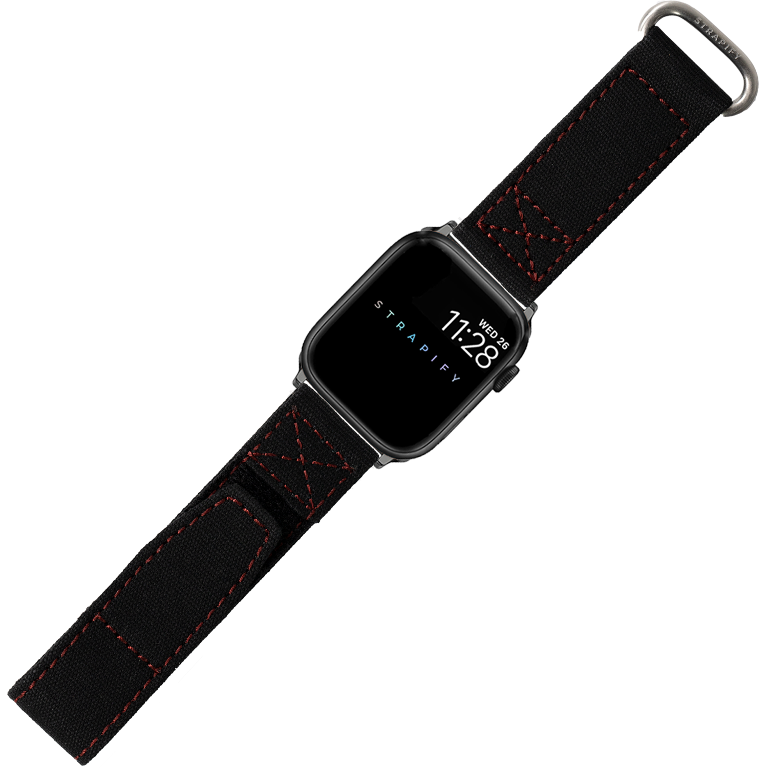 Black and red military Velcro Apple Watch band with titanium D-ring, adjustable strap for all wrist sizes