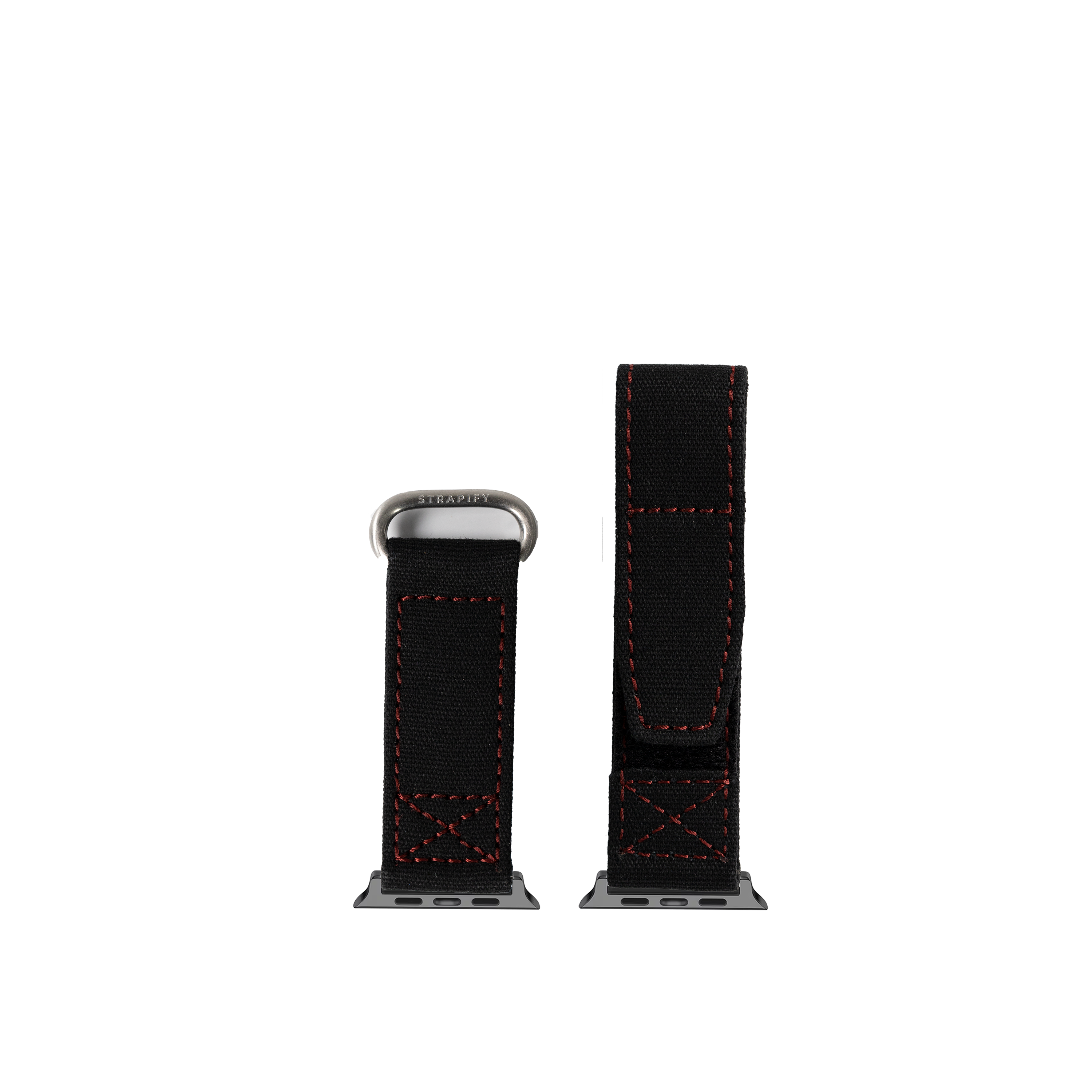 Black canvas Apple Watch band with red stitching and military-style velcro closure, shown in two lengths with metal adapters
