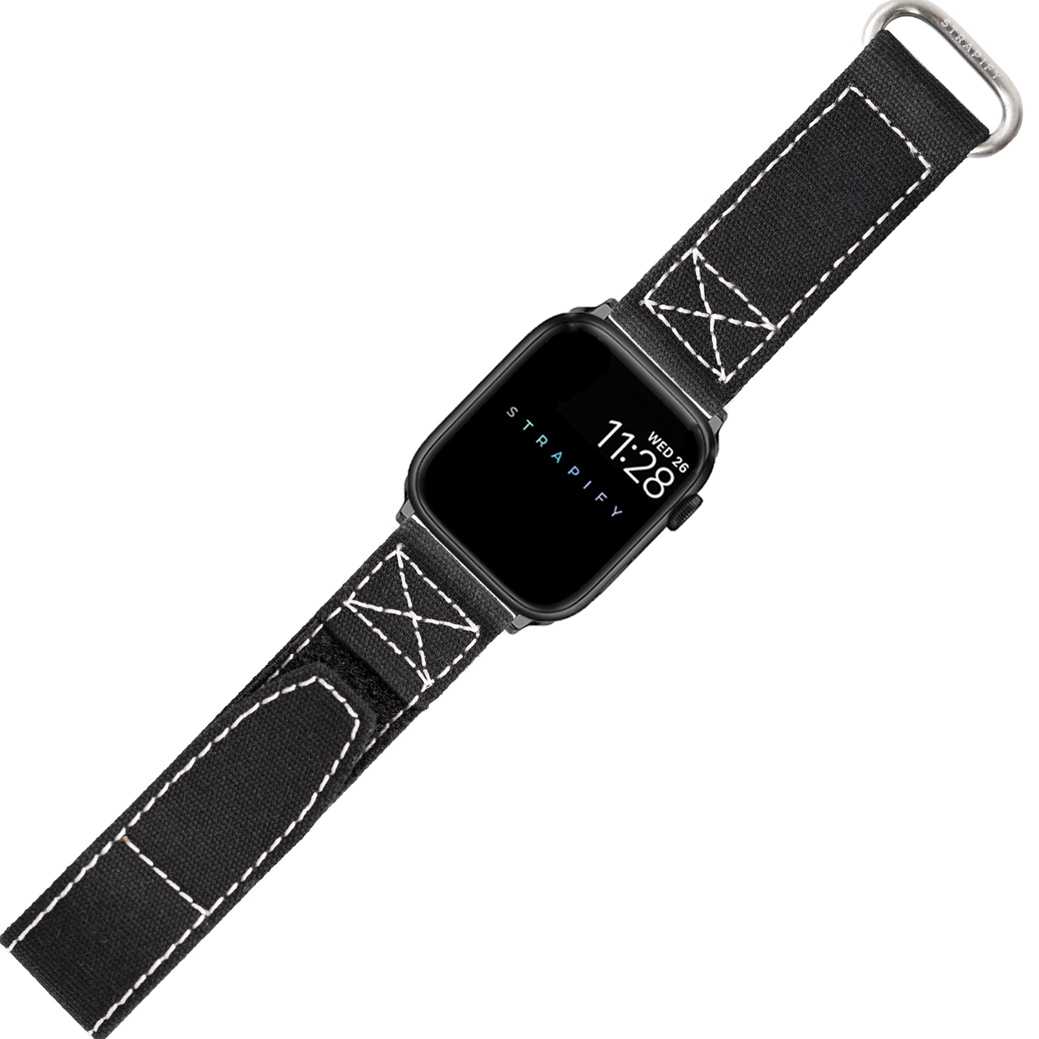 Black nylon Velcro Apple Watch band with white stitching and metal D-ring connector