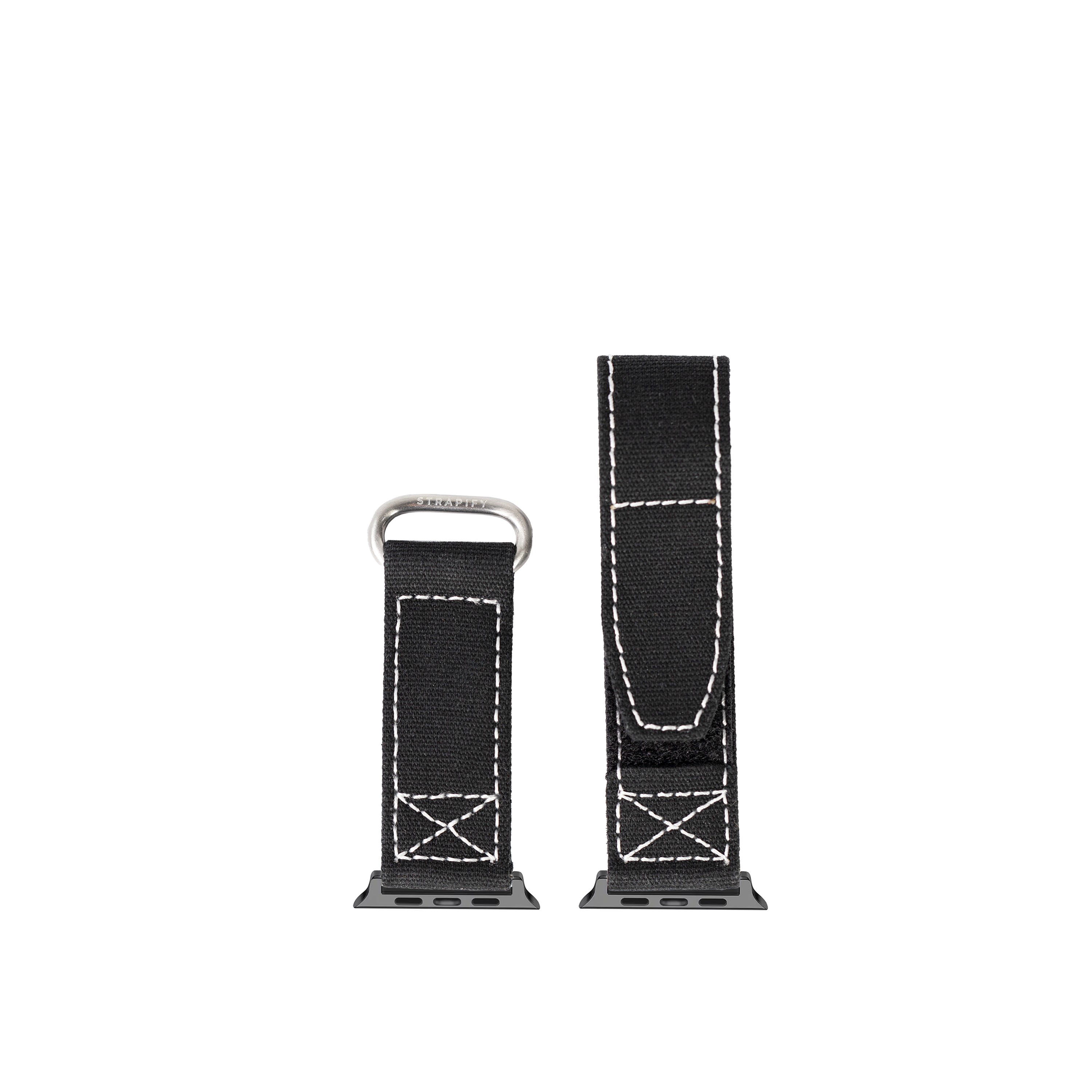 Black canvas Apple Watch band with white stitching and velcro closure, shown in two sizes