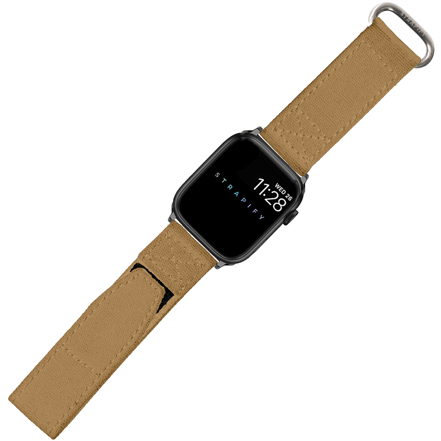 Black Apple Watch with tan desert sand military-style velcro strap and aluminum case