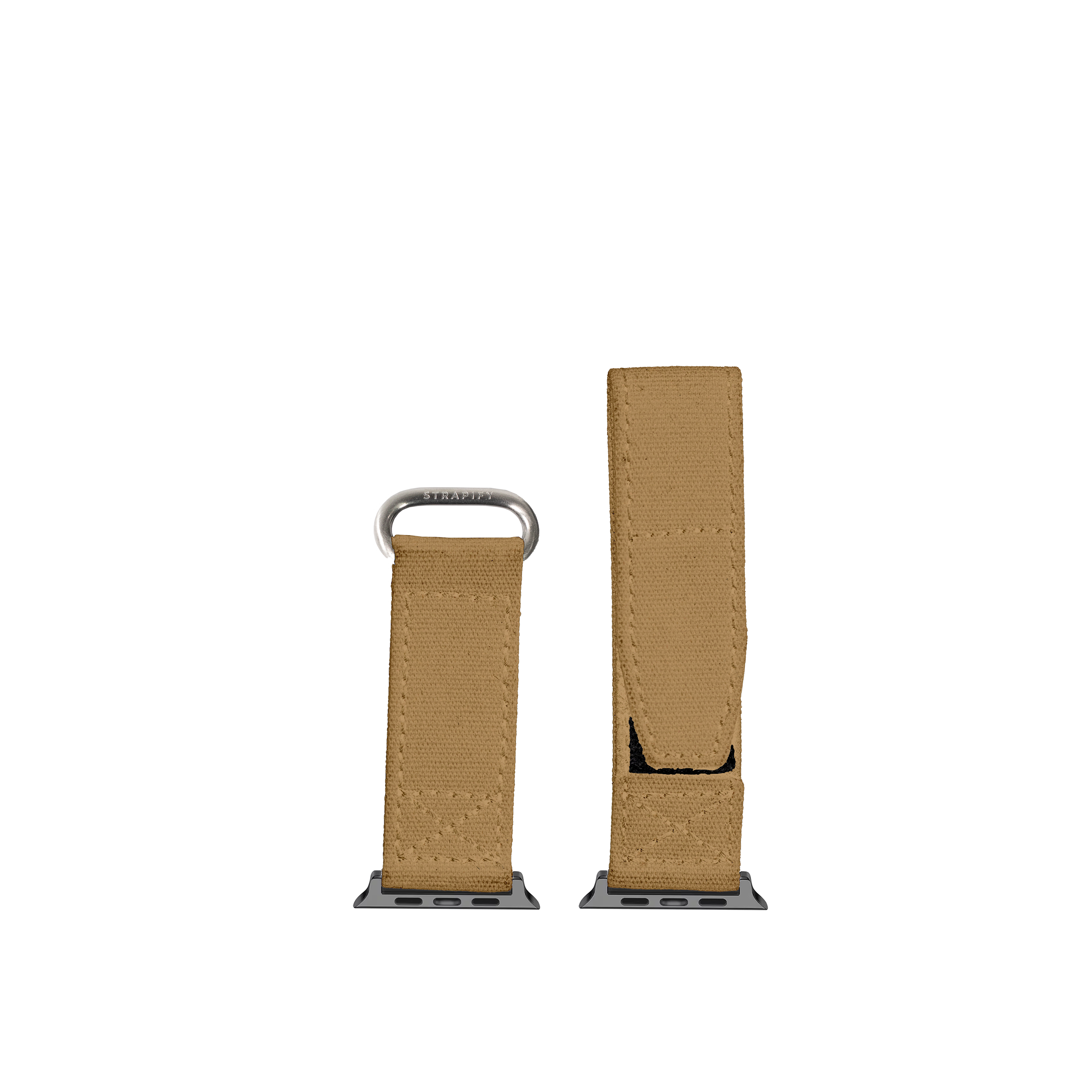 Military-style desert sand Velcro Apple Watch band with silver connector and hook closure system