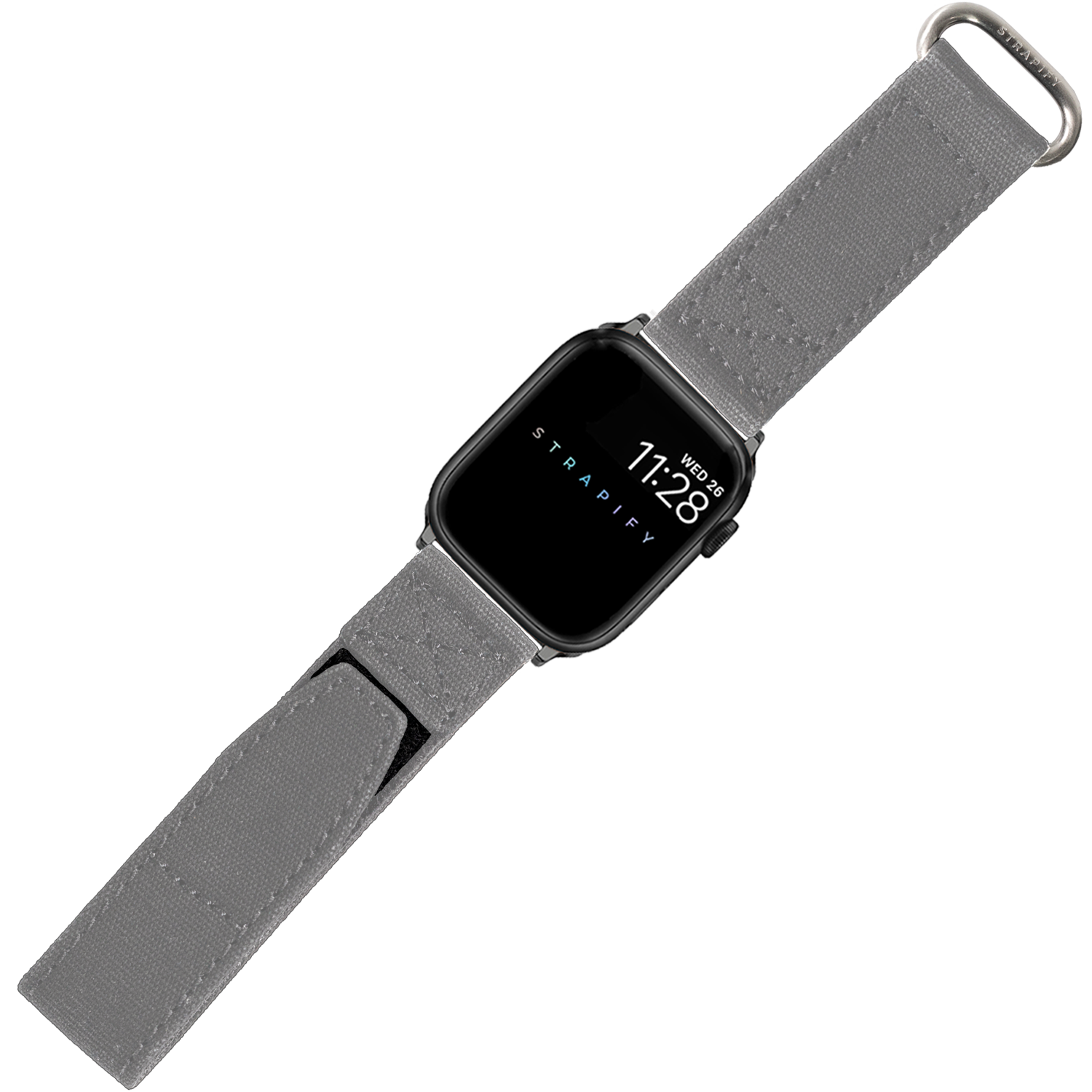 Black smartwatch with grey military-style velcro strap and metal loop closure, displaying time on digital screen