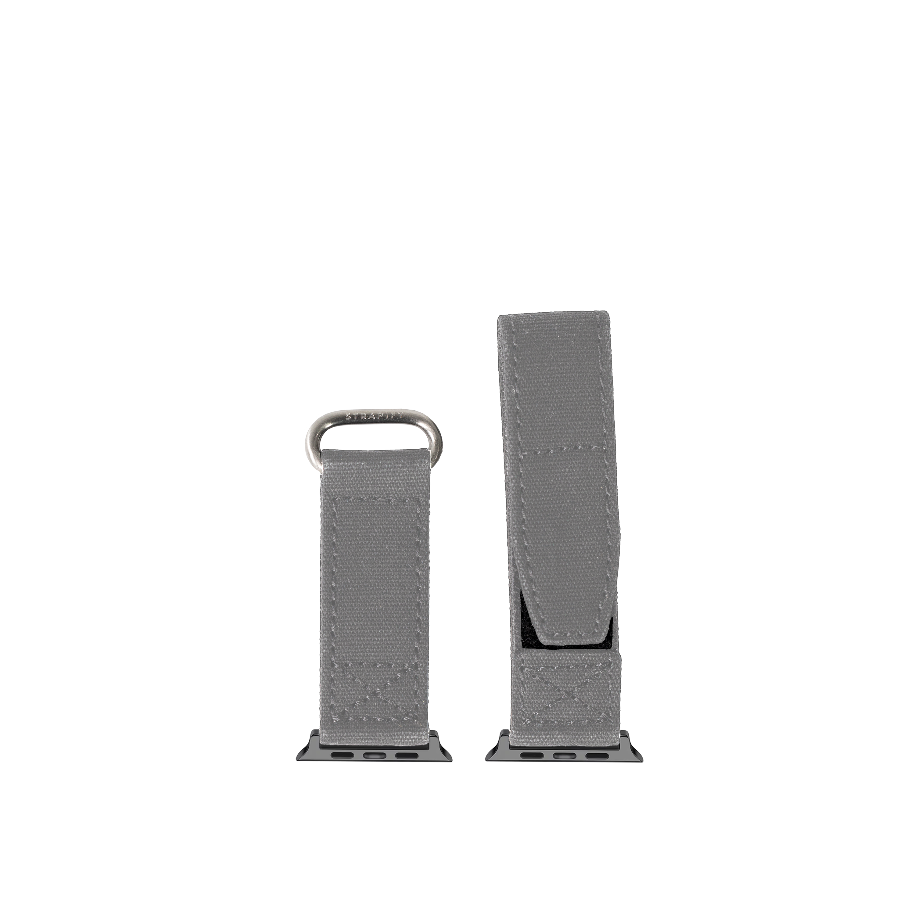 Grey military-style velcro watch band with metal loop and black connector for Apple Watch