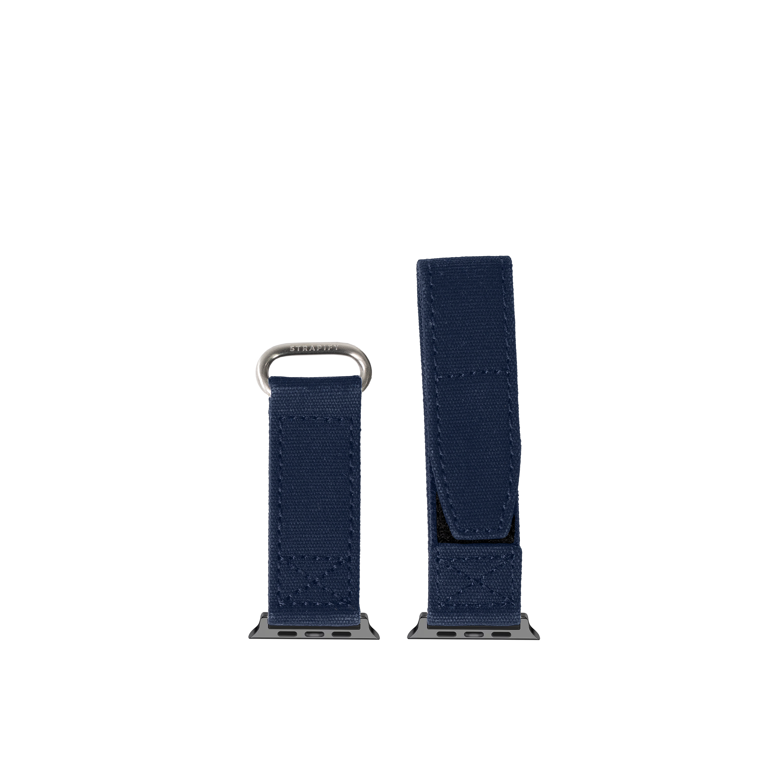 Navy blue military velcro Apple Watch band with stainless steel connector, shown in two length options