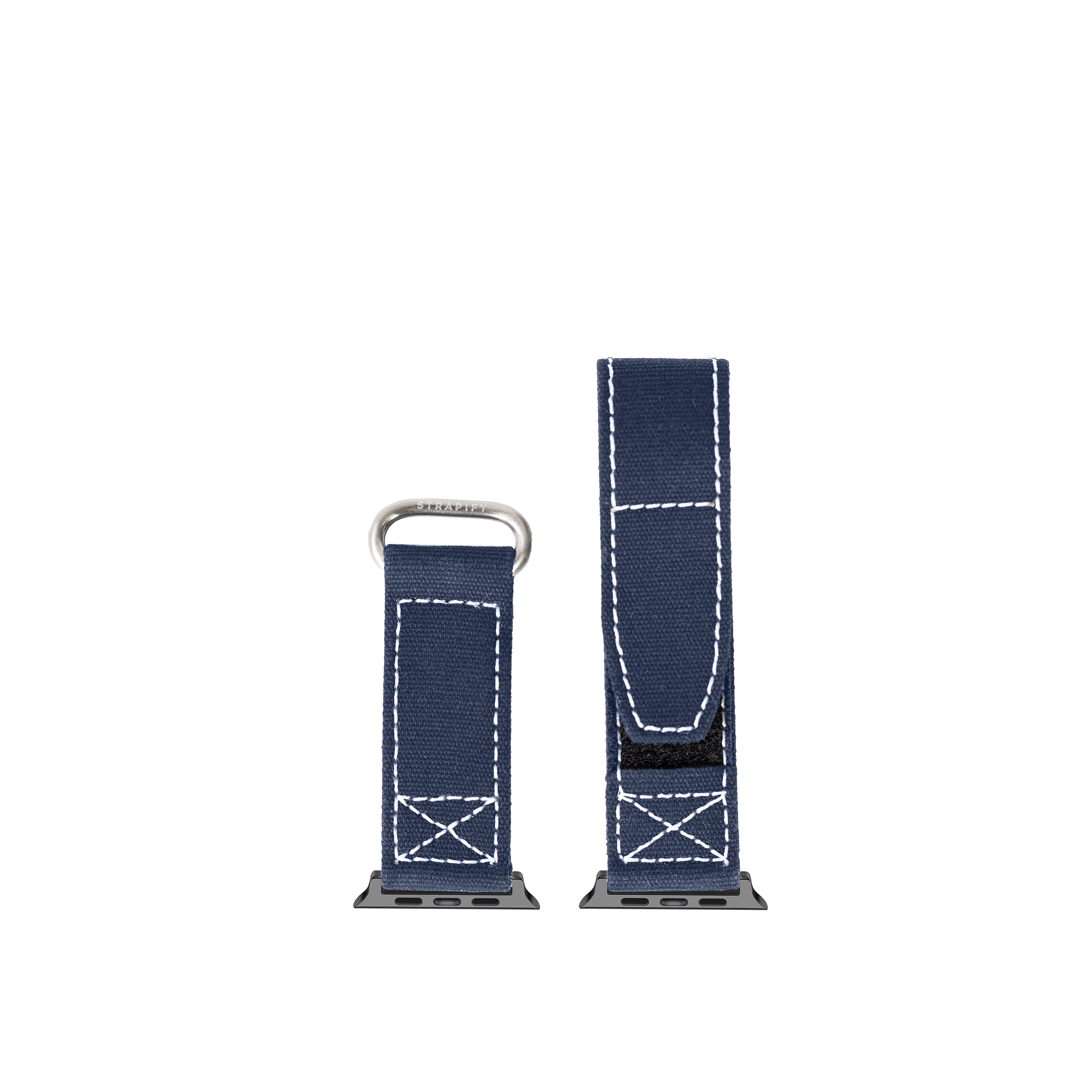 Navy blue military velcro Apple Watch band with white stitching and stainless steel connector