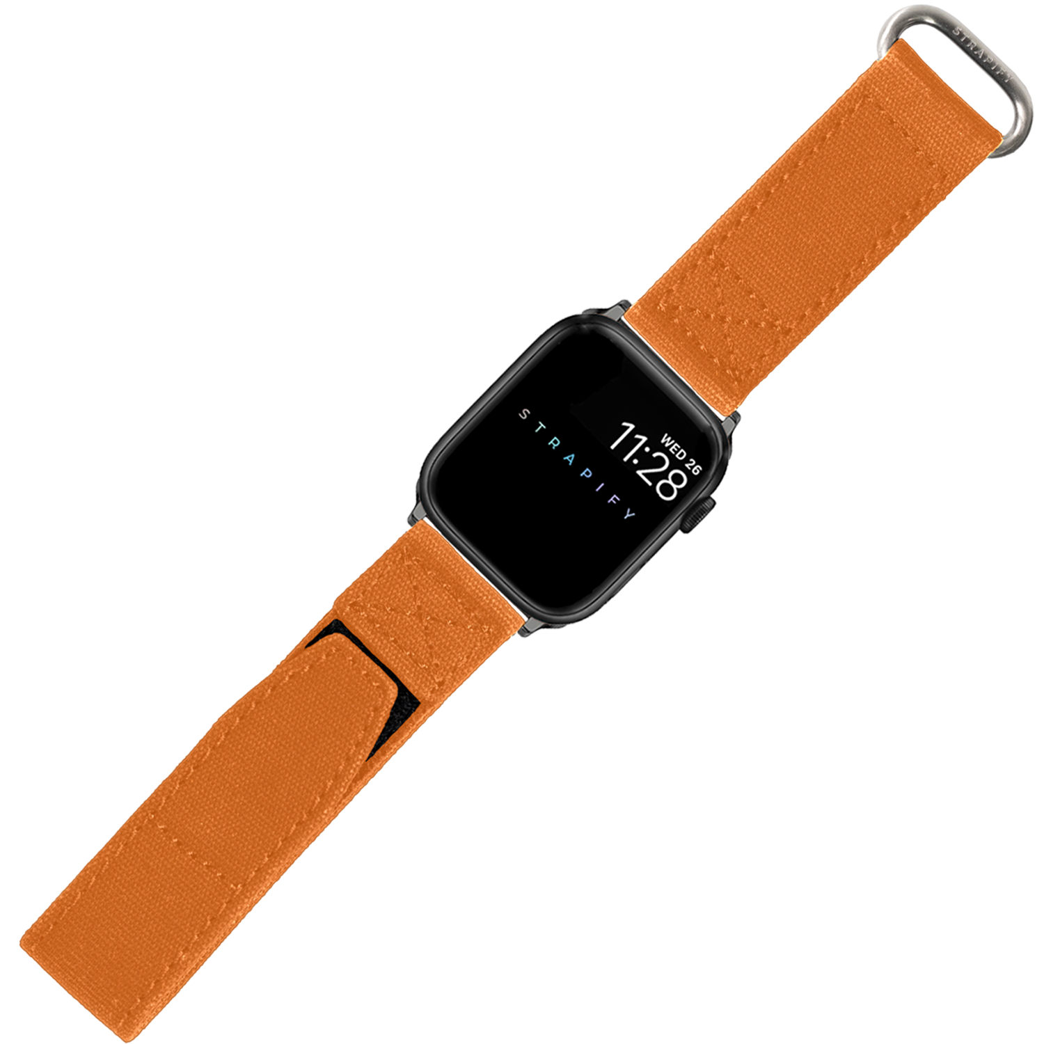Black smartwatch with orange military-style velcro band and metal D-ring connector, displaying time on black screen