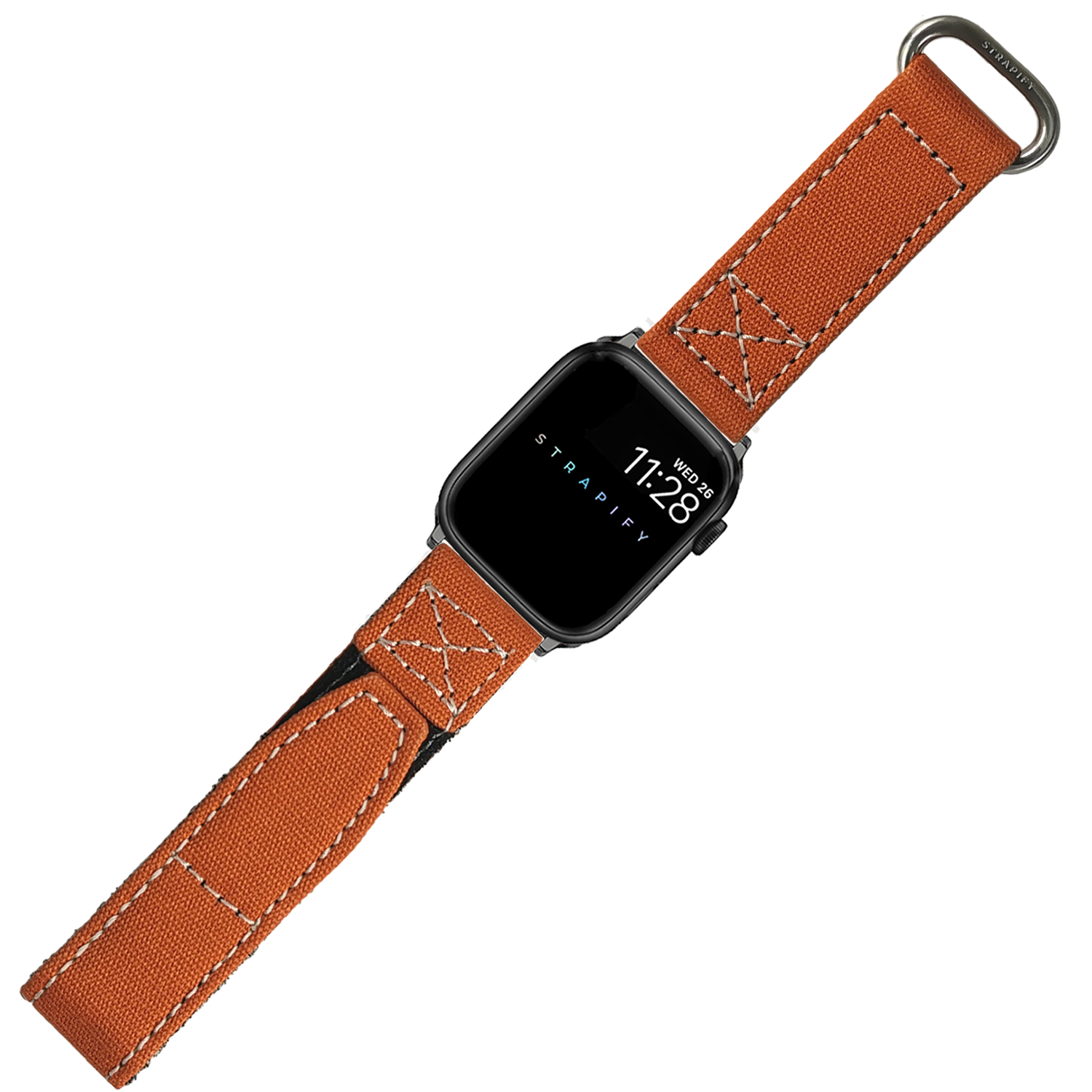 Black smartwatch with rust orange canvas band featuring white contrast stitching and dark hardware clasp