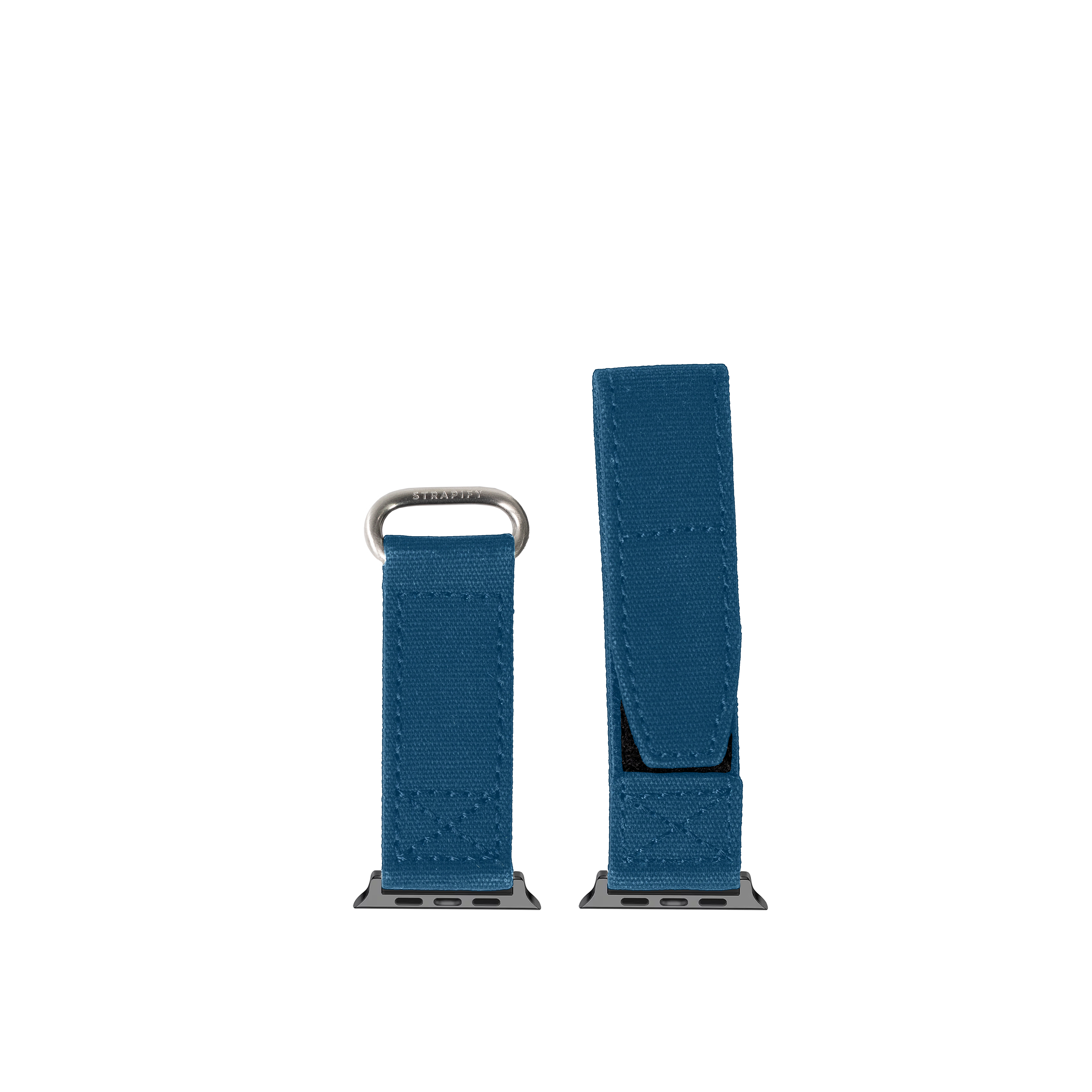 Blue fabric Apple Watch strap with military-style velcro closure and titanium connector hardware