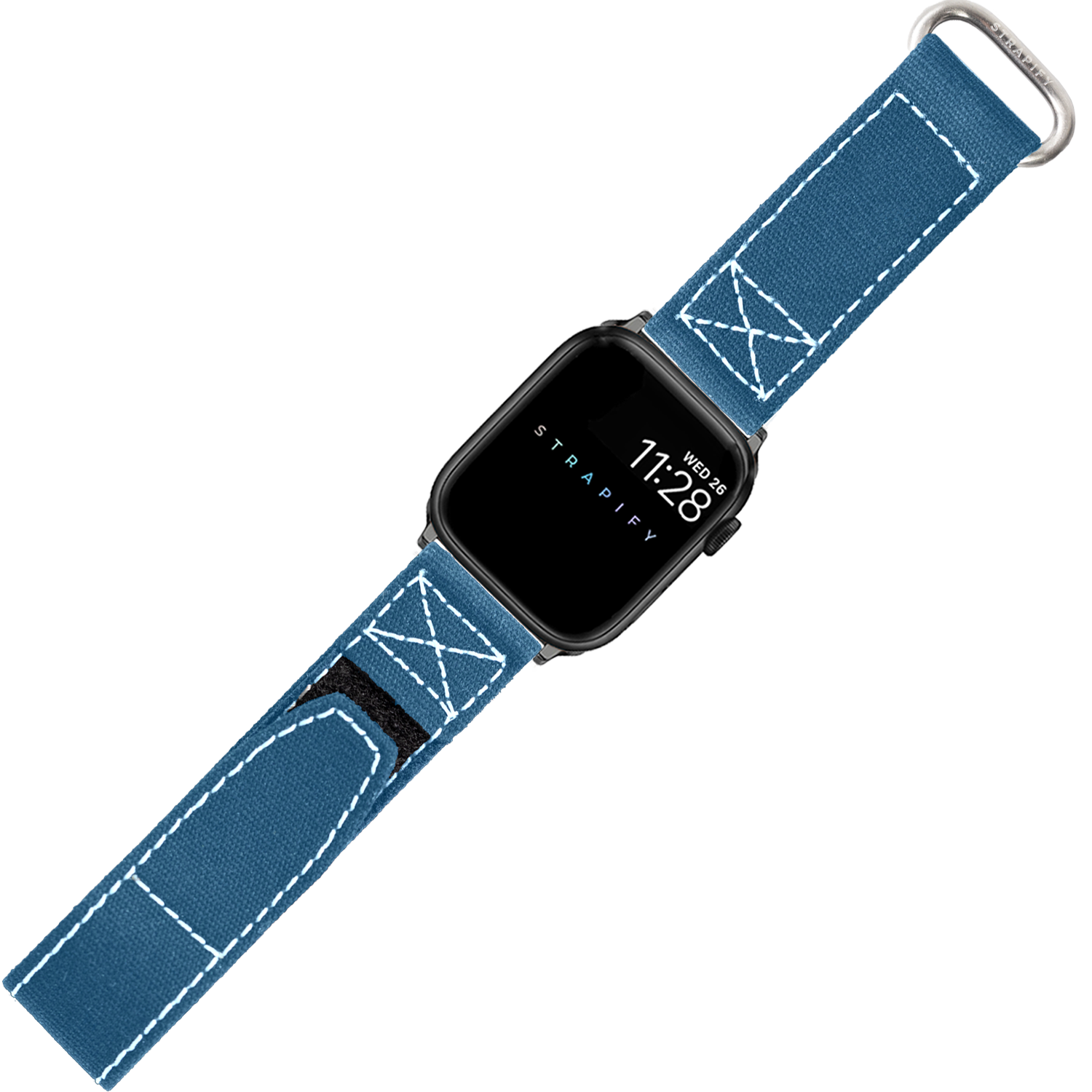 Blue canvas military watch band with white stitching, silver D-ring, and velcro closure for Apple Watch