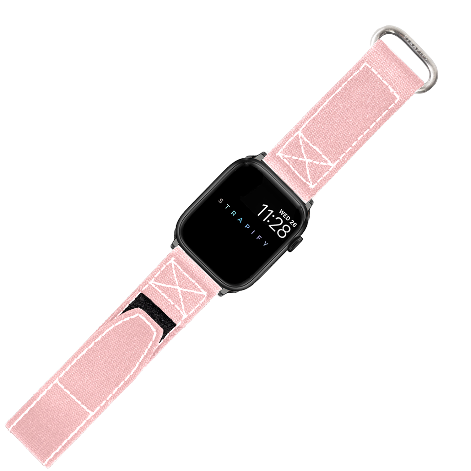 Black square smartwatch with pink canvas Velcro band featuring white stitching and metal loop attachment