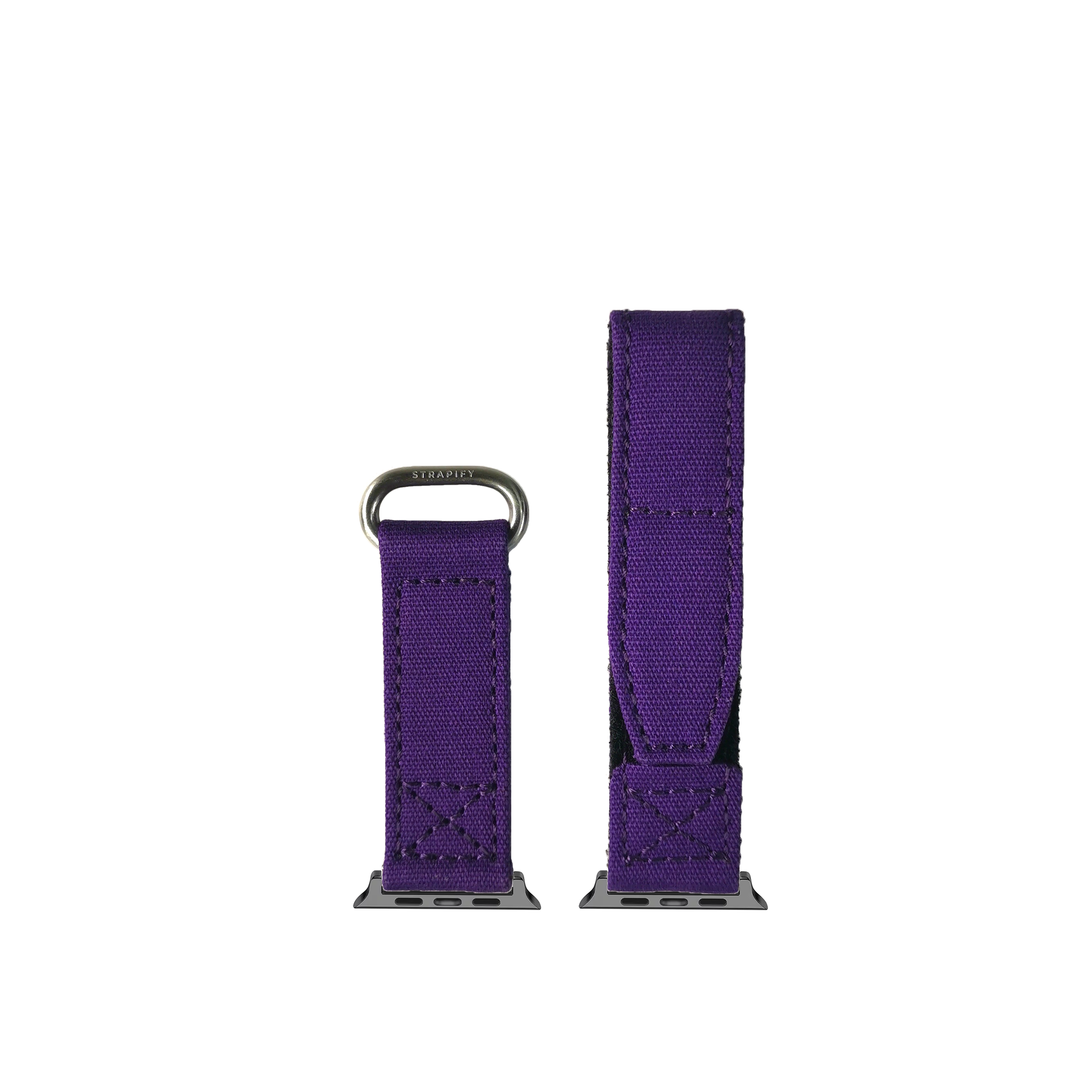 Purple military velcro apple watch band with metal connector and adjustable strap closure