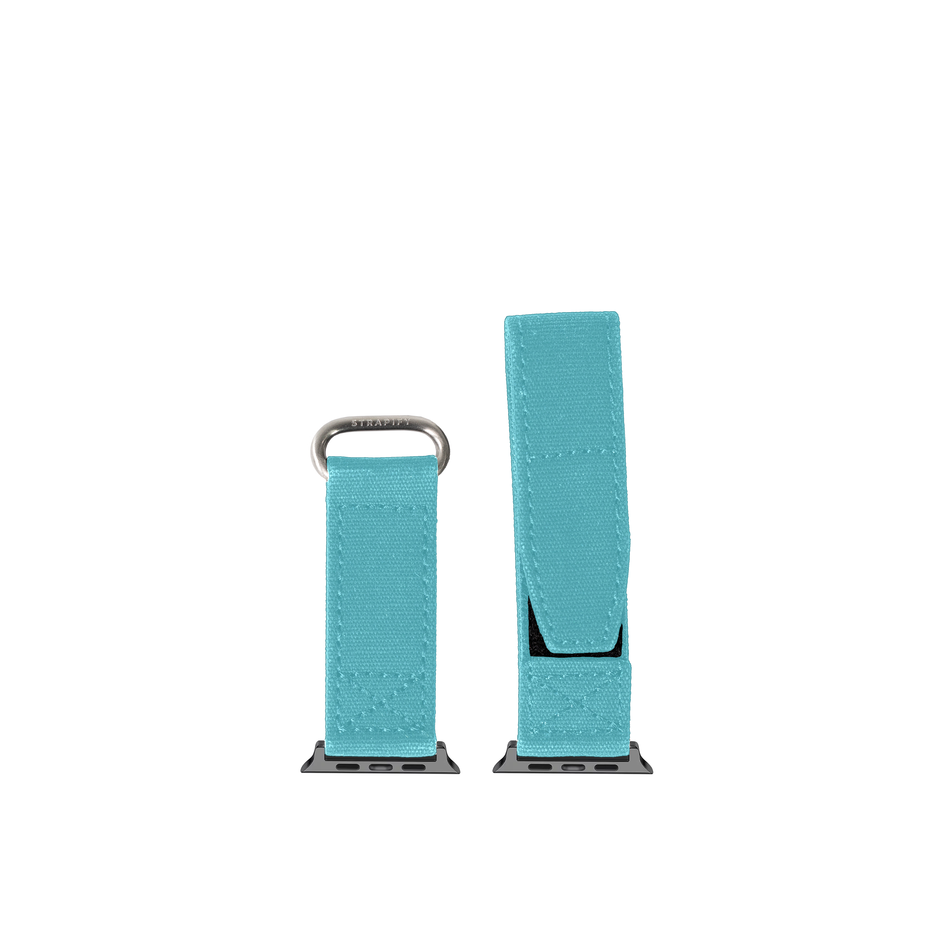 Turquoise fabric Apple Watch band with metal connector and velcro closure shown in two configurations with magnetic attachment plate