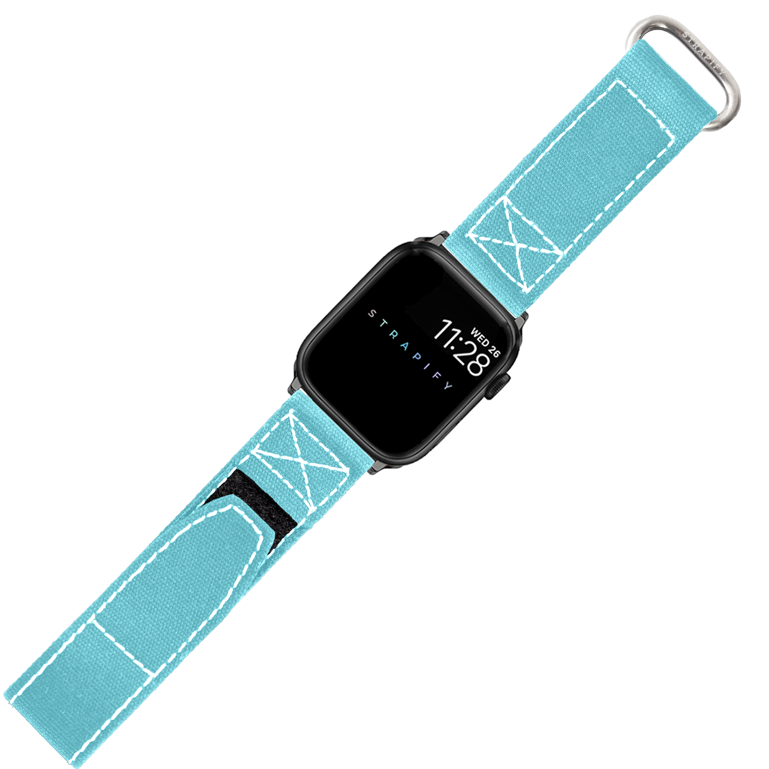 Black smartwatch with turquoise fabric band featuring white stitching and velcro closure with metal connector