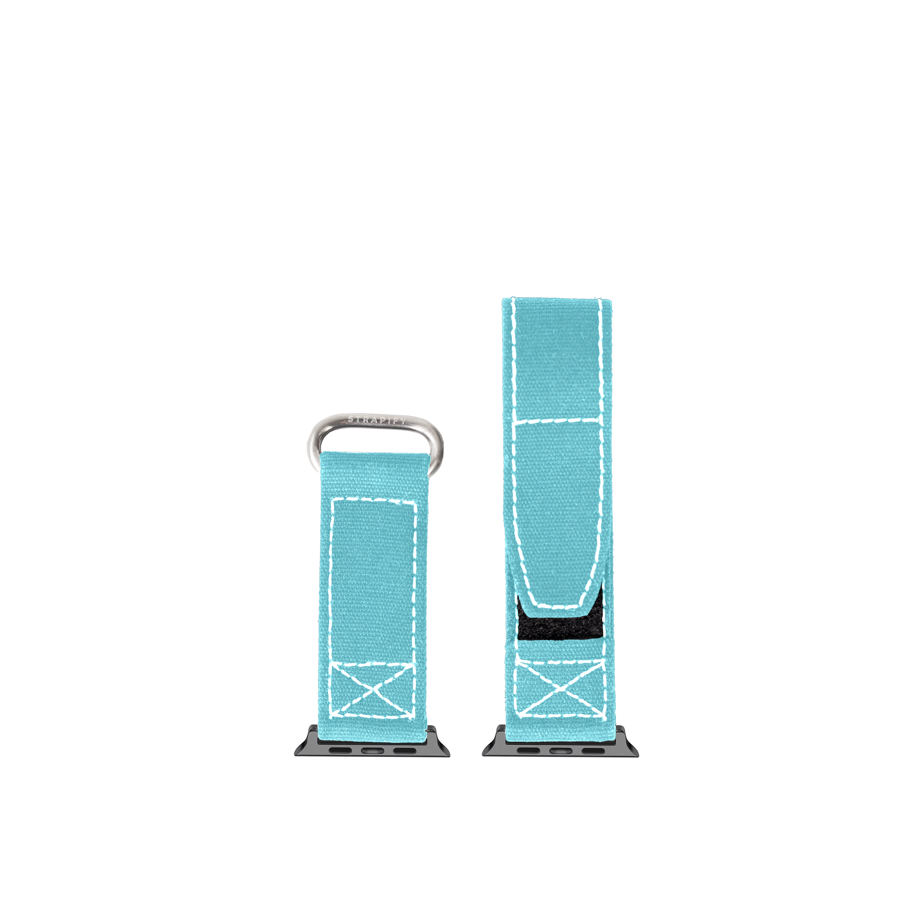 Turquoise canvas Apple Watch band with white stitching and Velcro closure, shown in two sizes with metal connectors