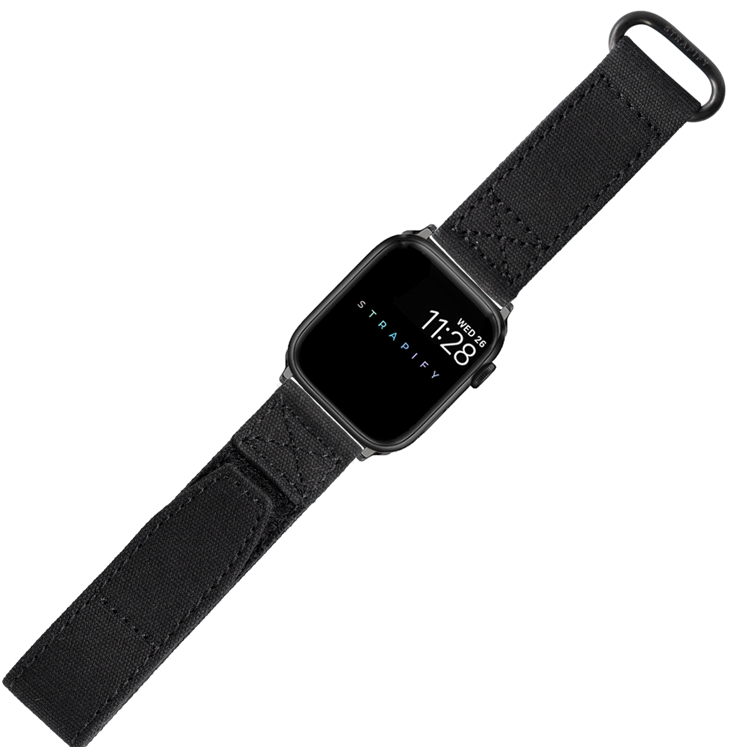 Black military velcro watch strap with stainless steel case smartwatch and digital display showing time