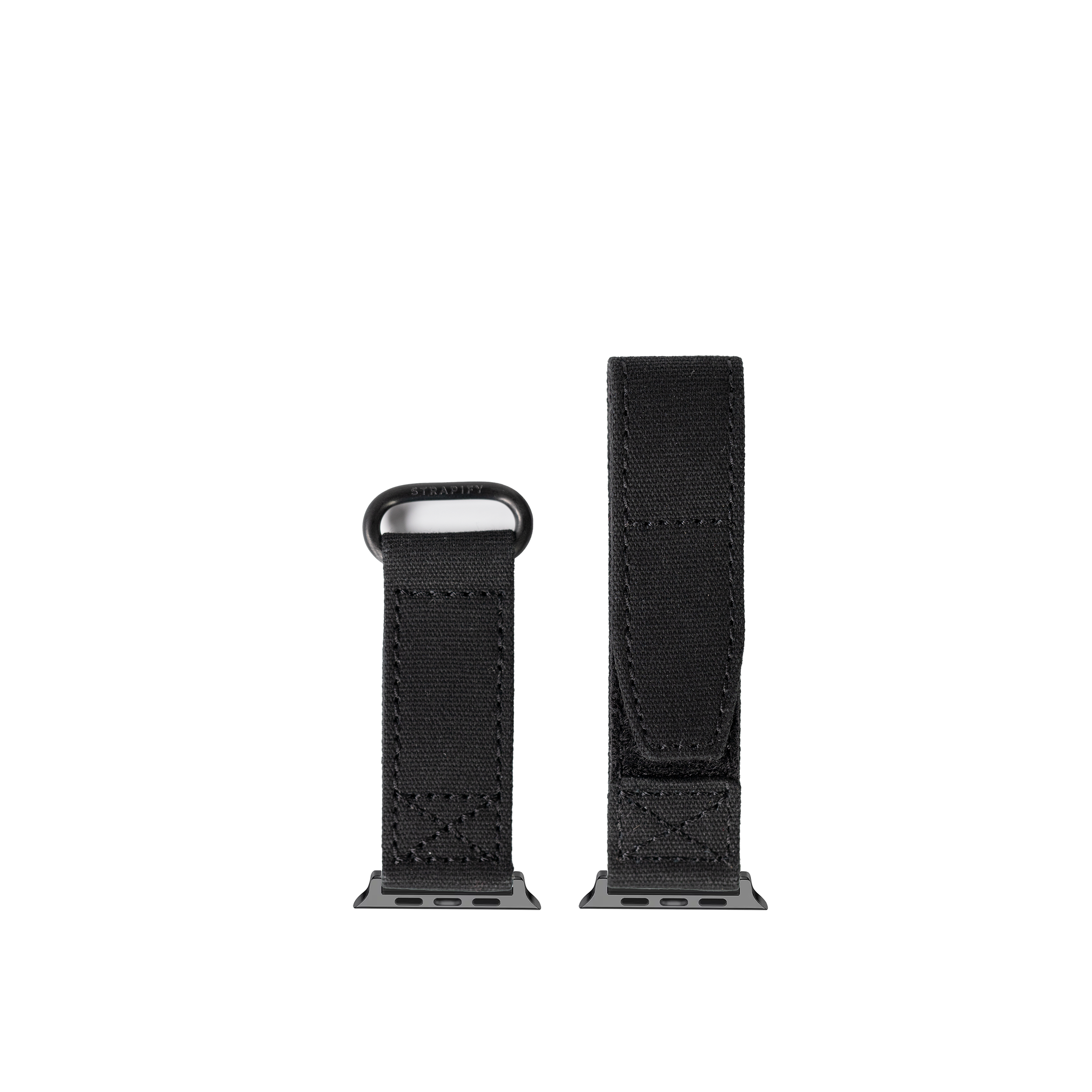 Black fabric Velcro Apple Watch band with metal connector, shown in two lengths with hook and loop fastening system