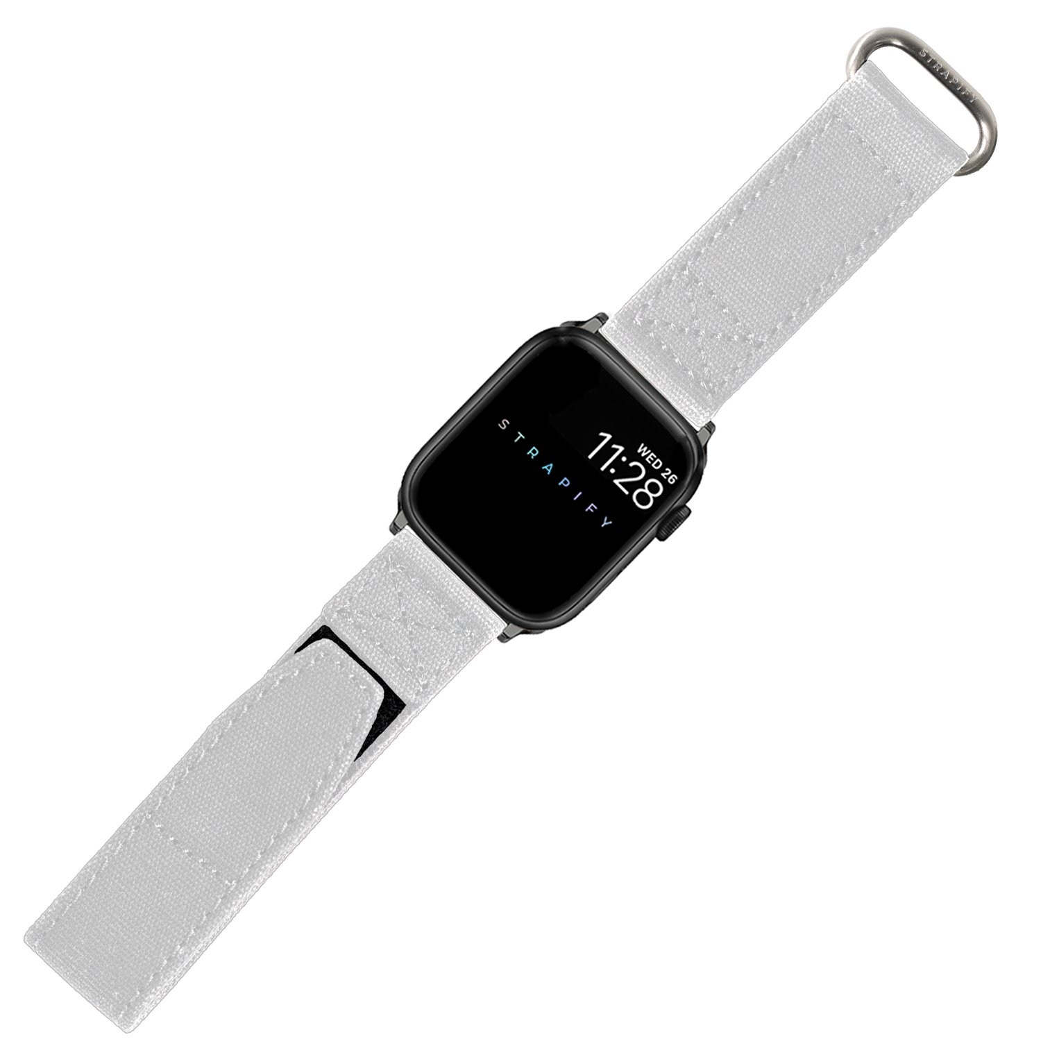 Black smartwatch with white hook and loop fastener band and metal lugs, displaying time and Strapify text on screen