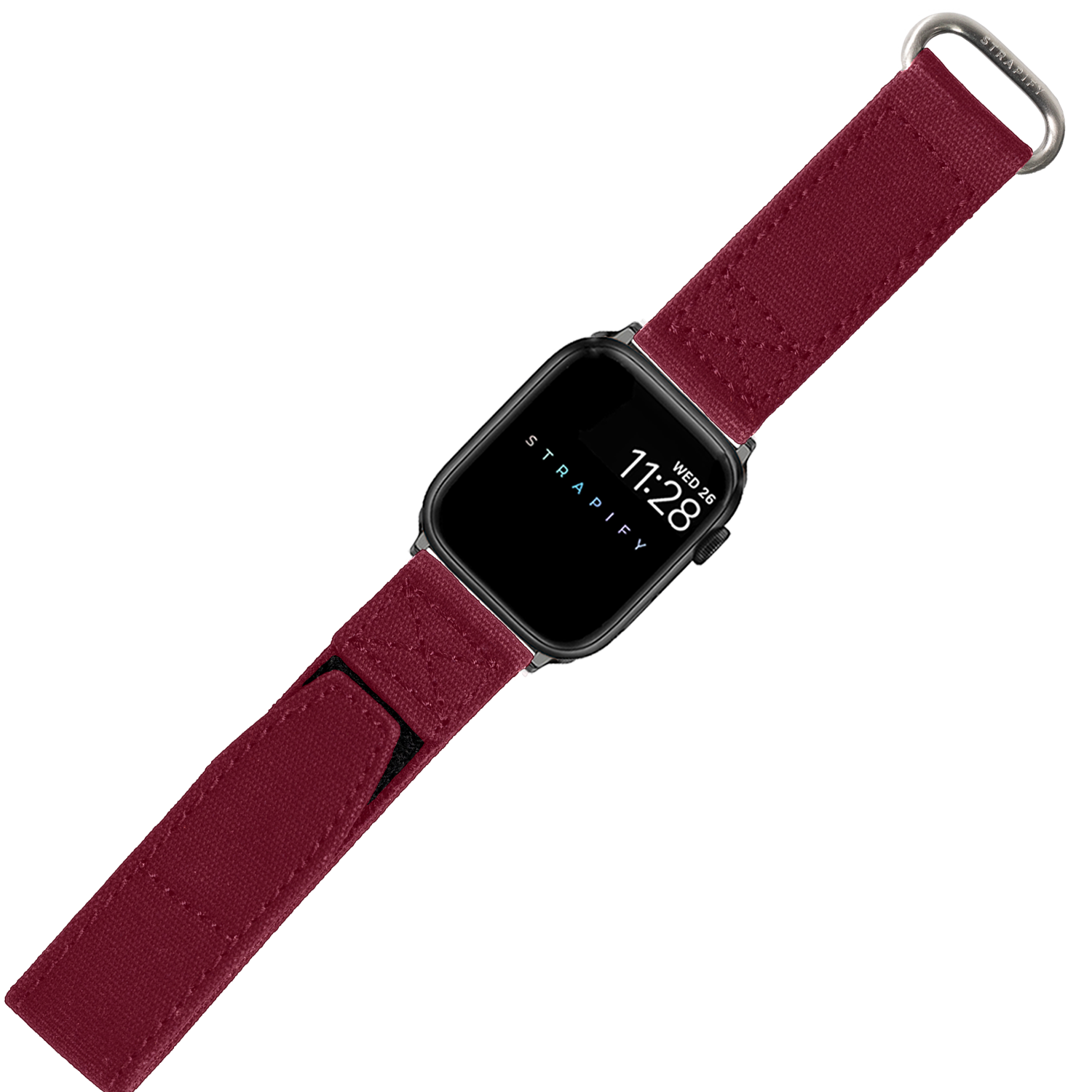 Black smartwatch with burgundy military-style velcro strap and metal loop closure displaying time