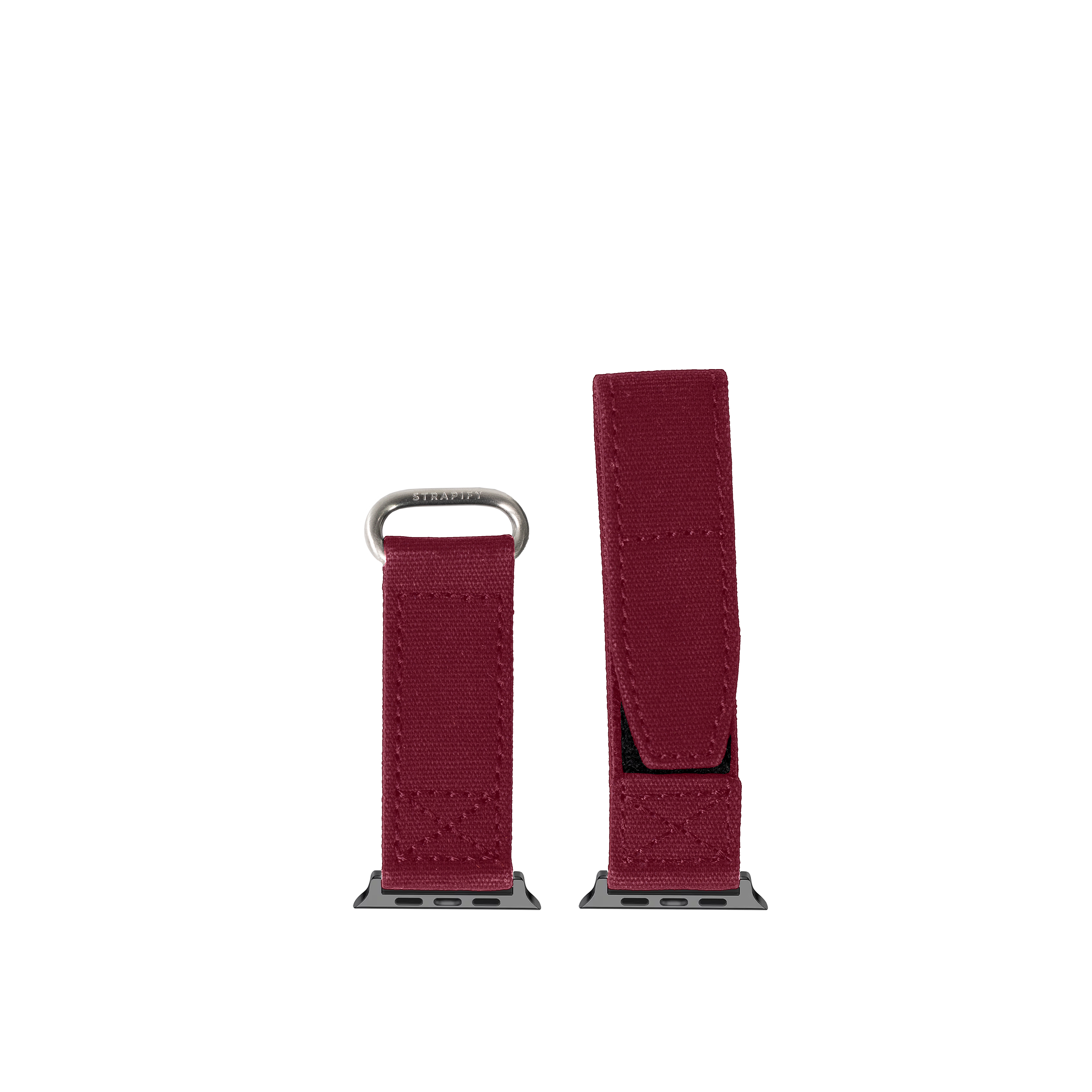 Wine red military velcro Apple Watch band with gunmetal hardware and loop fastener system