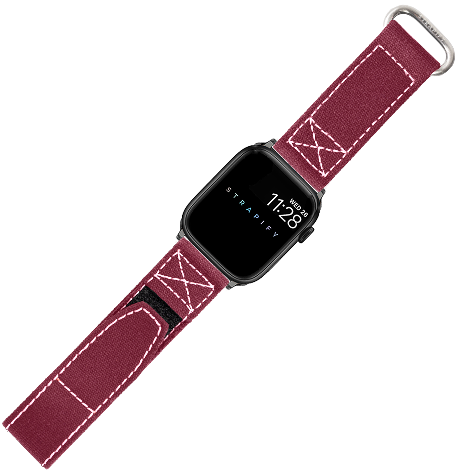 Black smartwatch with wine red canvas military-style velcro band featuring white stitching and silver hardware