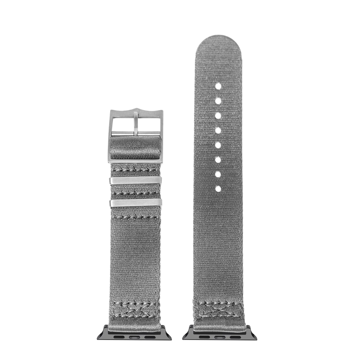 Gray woven fabric watch band with metal buckle and adapter for Apple Watch Ultra smartwatch