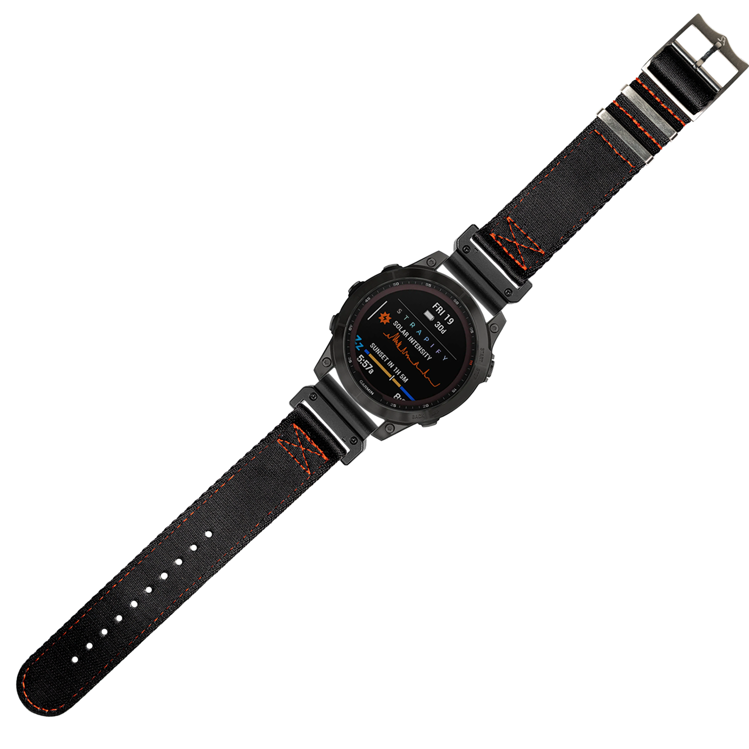 Black digital smartwatch with orange-red stitched canvas band and metal buckle clasp