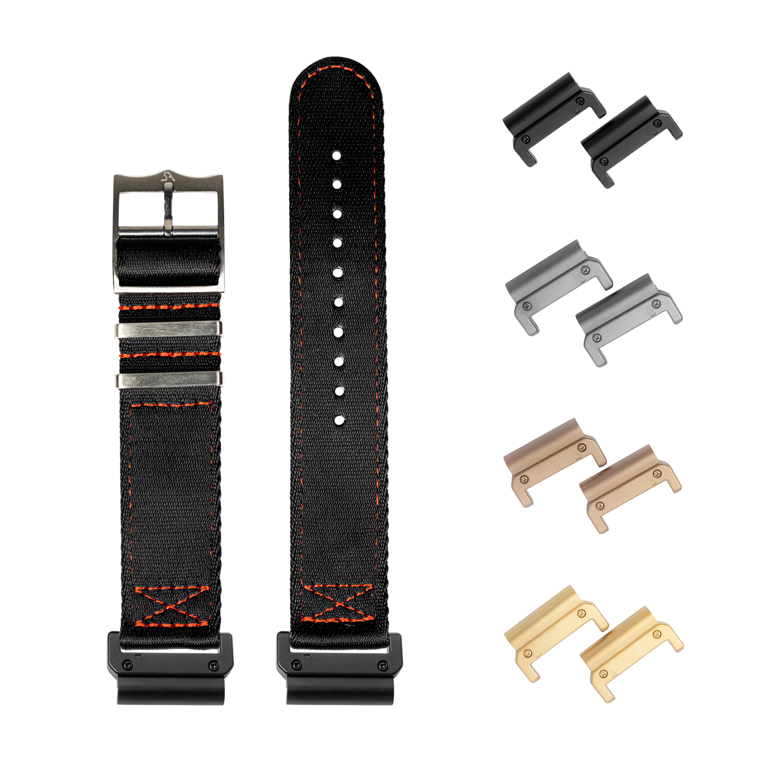 QuickFit Ultra Militex black fabric watch strap with red stitching, metal buckle, and interchangeable metal lugs in multiple finishes
