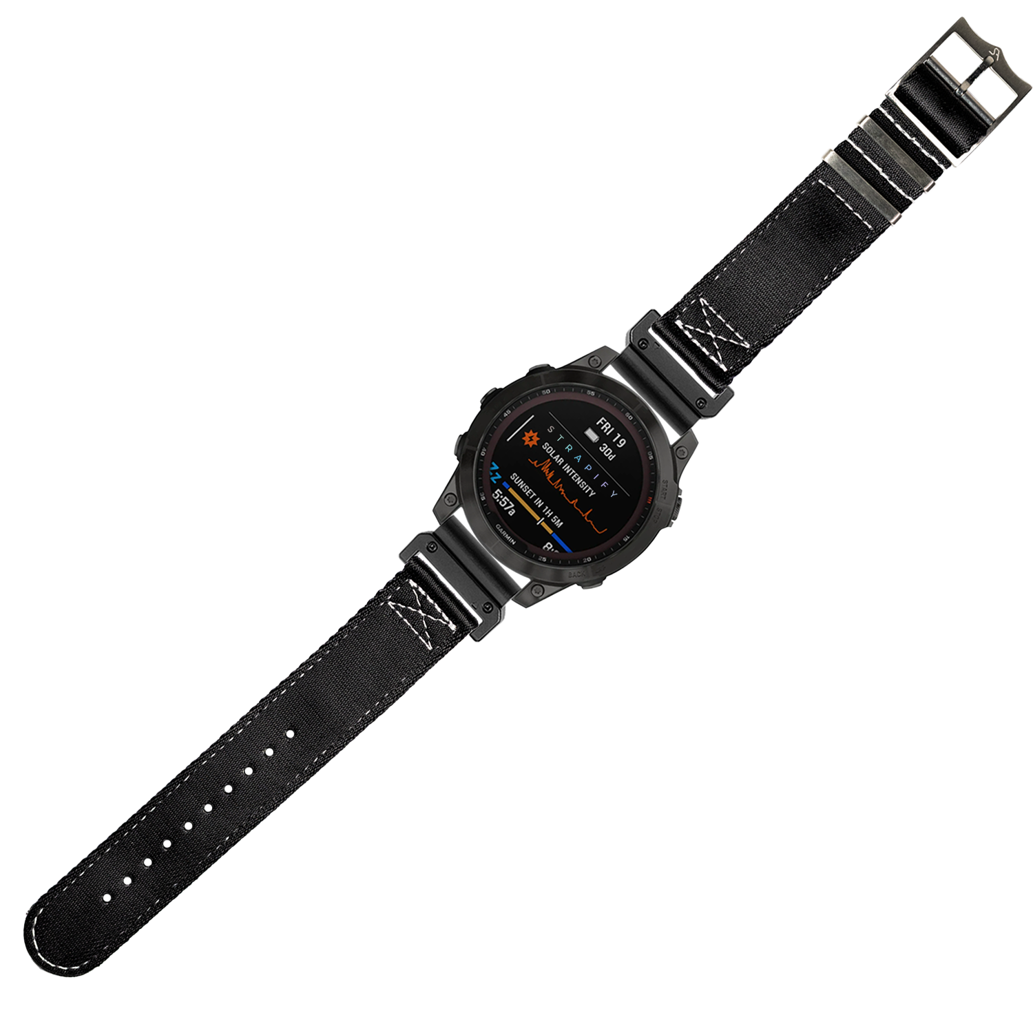 Black tactical smartwatch with AMOLED display, military-grade nylon strap, white stitching, QuickFit band, outdoor fitness tracker