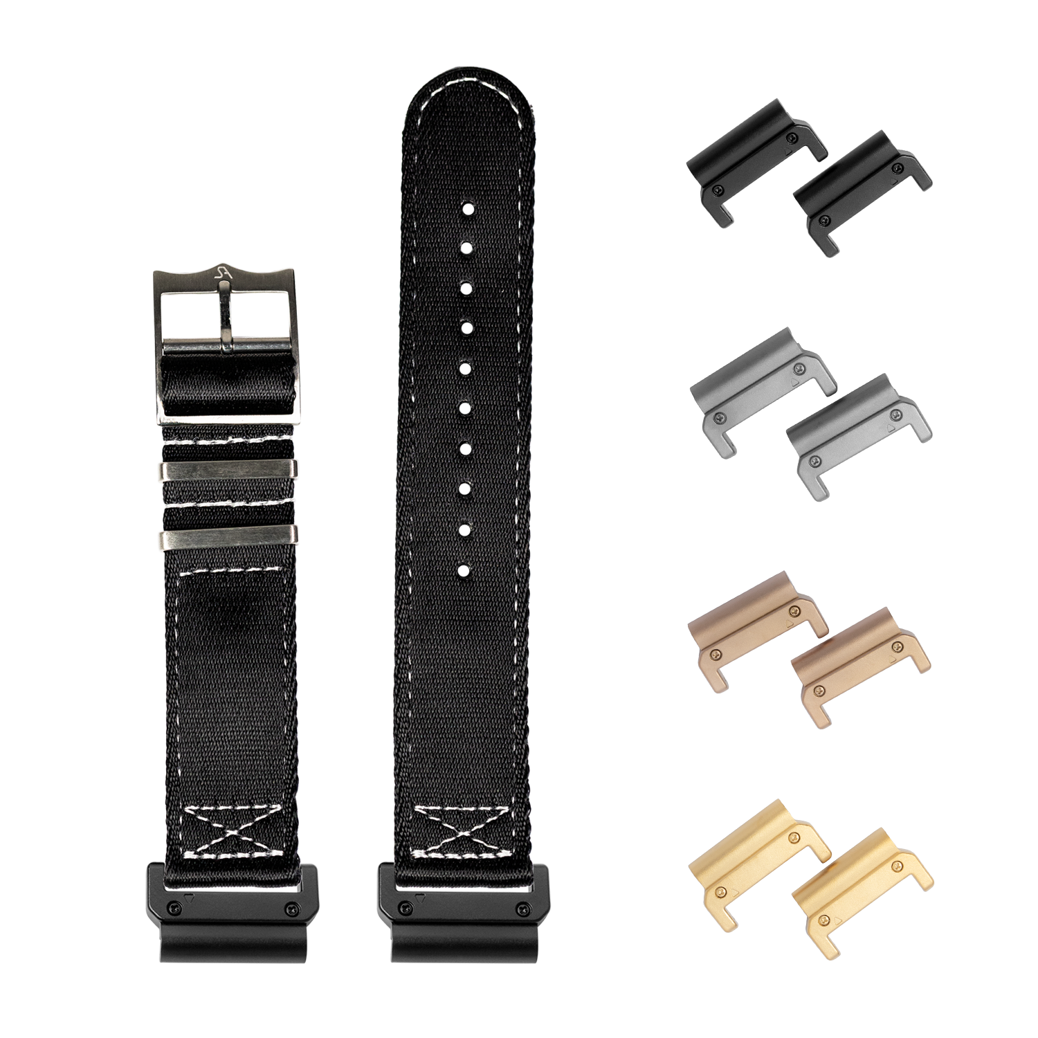 Tactical ballistic nylon watch band with quickfit system, interchangeable lugs in black, stainless steel, and brass finishes