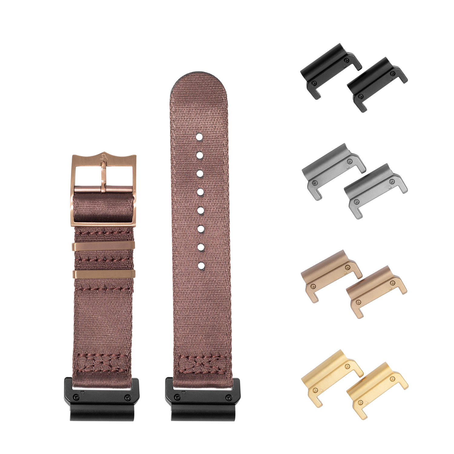 QuickFit Ultra Militex coffee brown watch band with interchangeable lugs in black, gunmetal, rose gold, and gold finishes