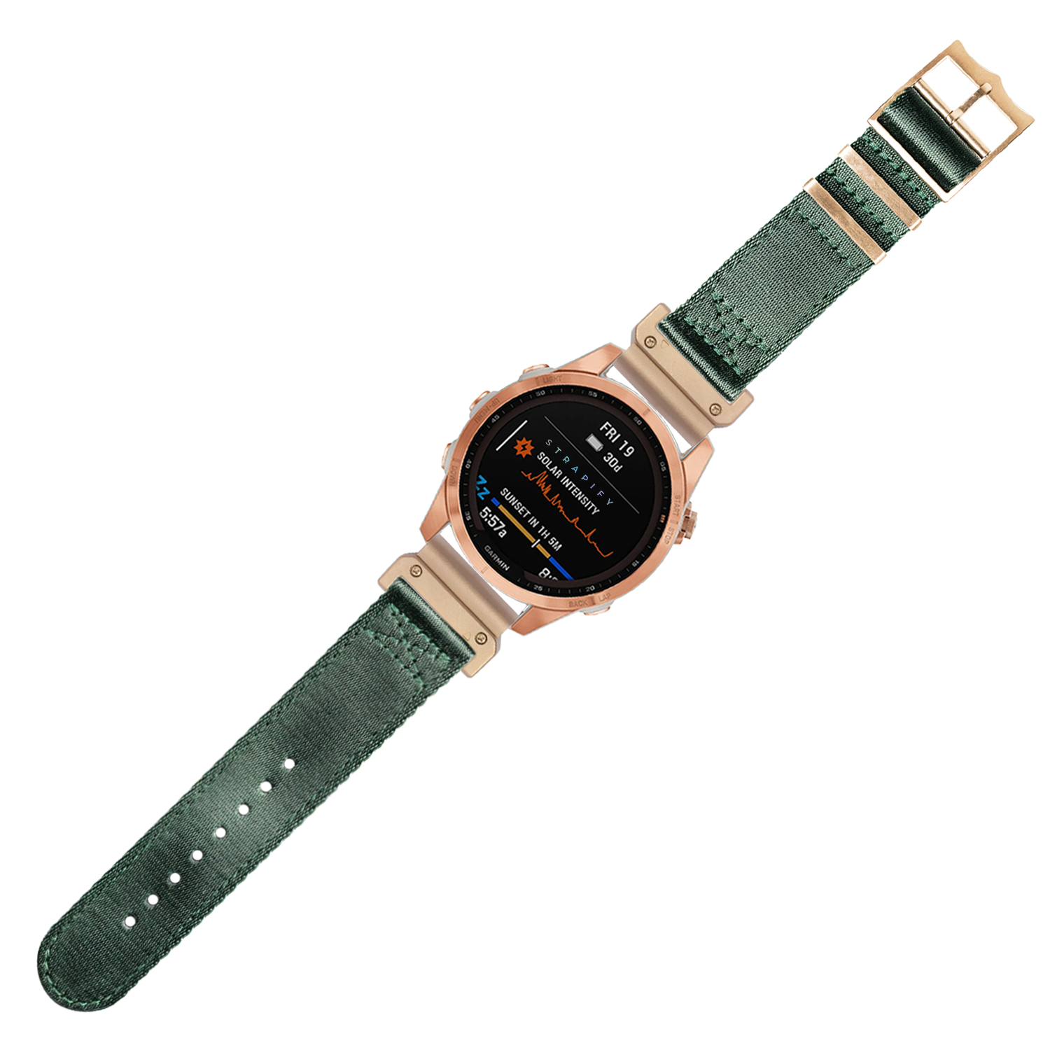 Rose gold smartwatch with forest green fabric band and black AMOLED display showing health metrics