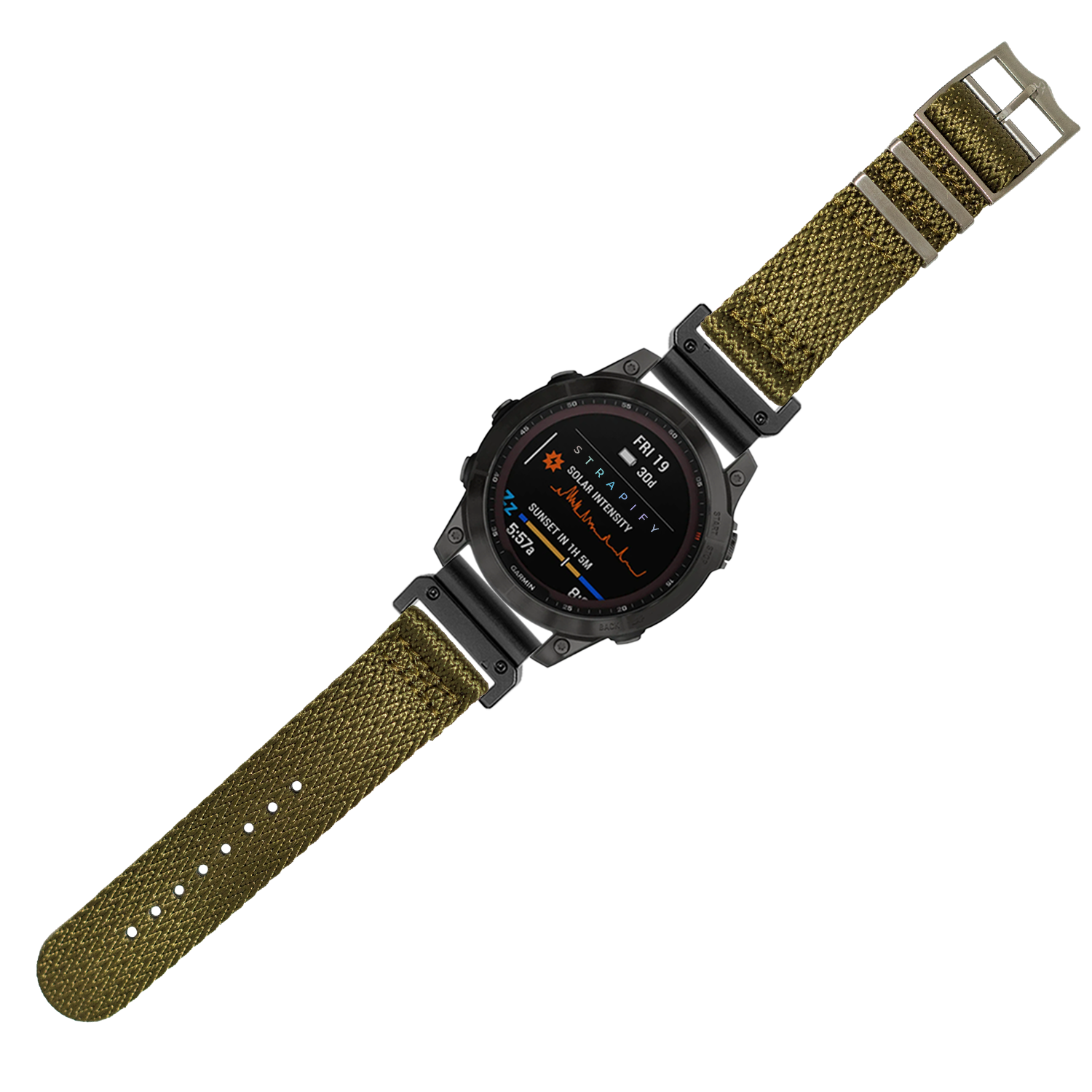 Military smartwatch with black case and army green textile band, digital display showing time and health metrics
