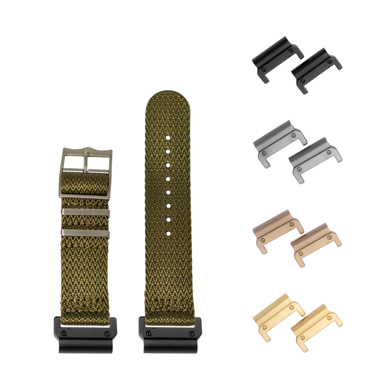Quickfit Sharktooth Militex army green 26mm watch strap with interchangeable metal lugs in multiple finishes