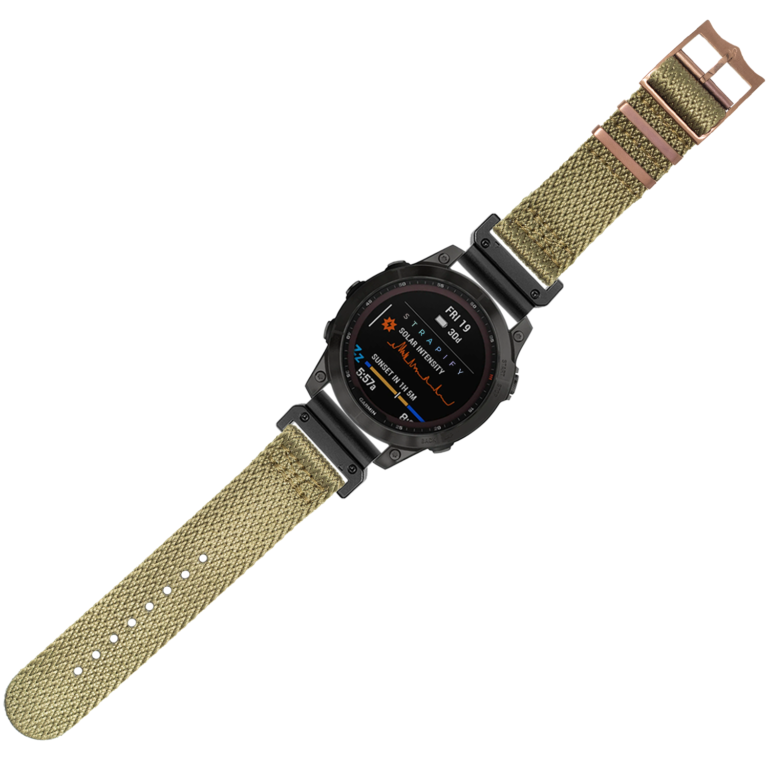 Tactical smartwatch with olive green canvas strap, bronze hardware, and black digital display showing fitness metrics