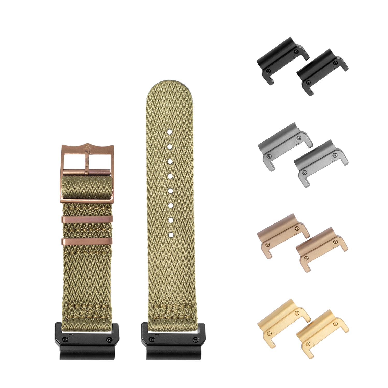 Khaki QuickFit Sharktooth Militex watch strap 26mm with bronze buckle and interchangeable hardware in black, gunmetal, bronze and gold finishes