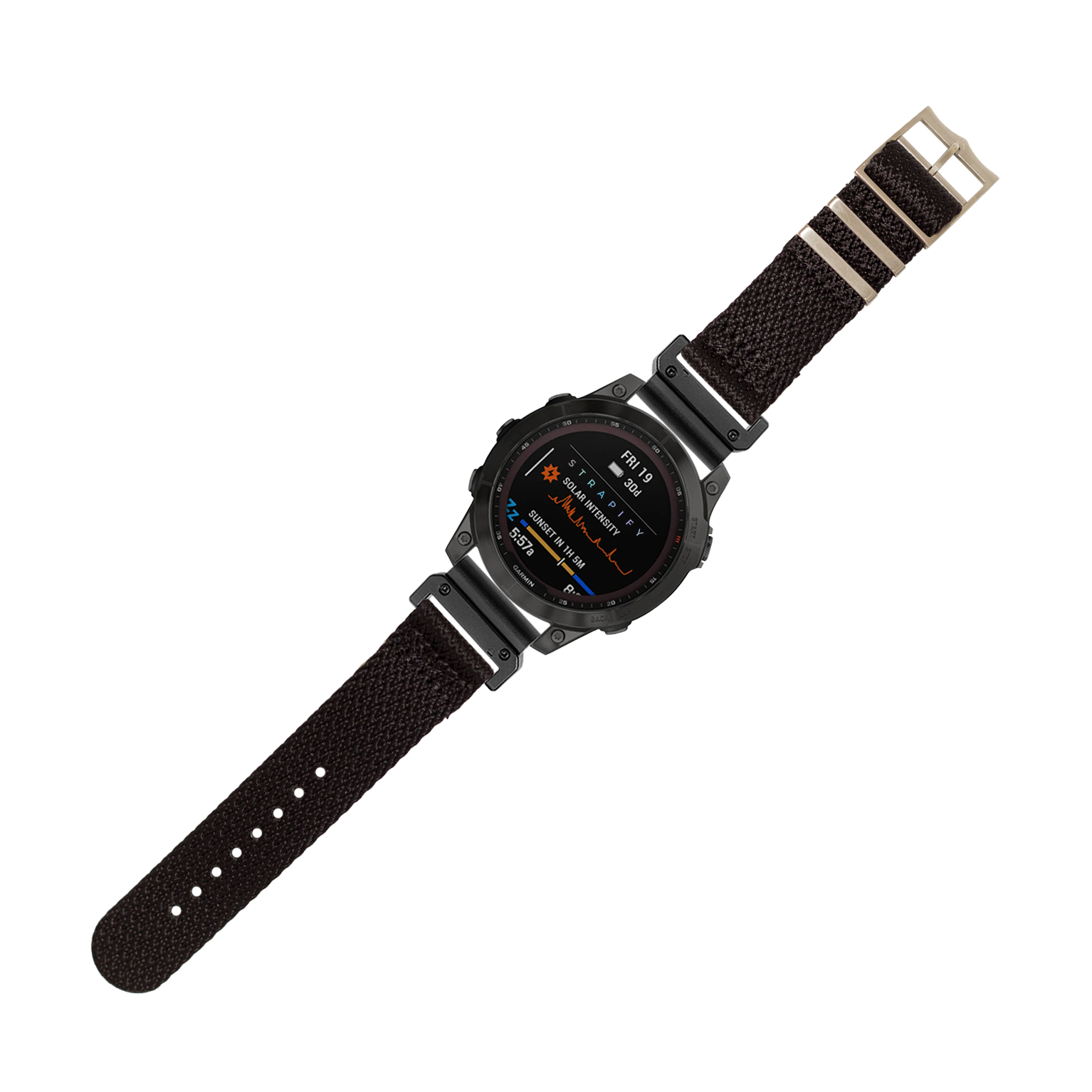 Black tactical smartwatch with AMOLED display, rugged case, and Militex fabric strap with quick-fit connectors