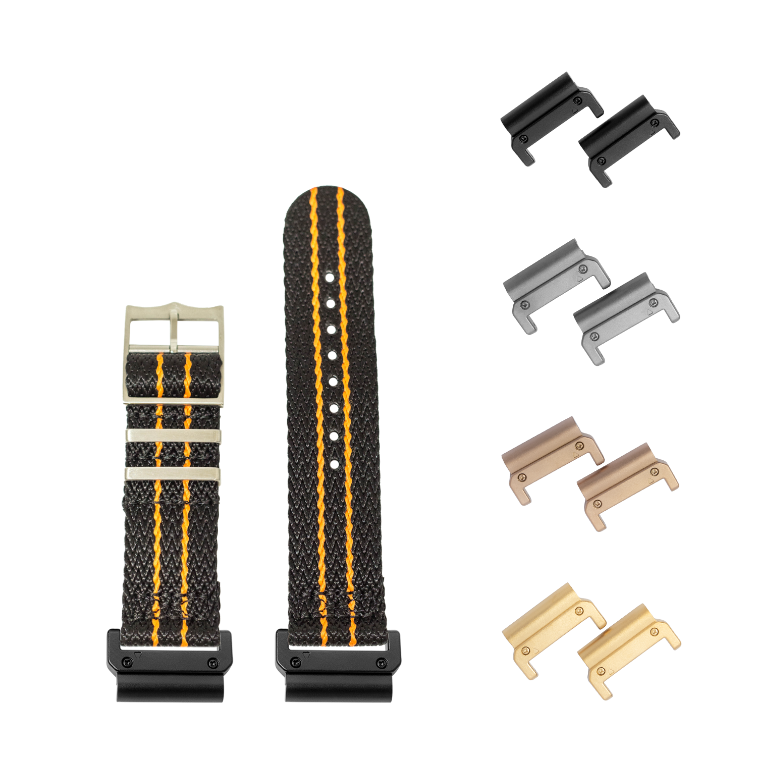 Sharktooth Militex black and orange 26mm watch band with quick-fit spring bar connectors in multiple finishes