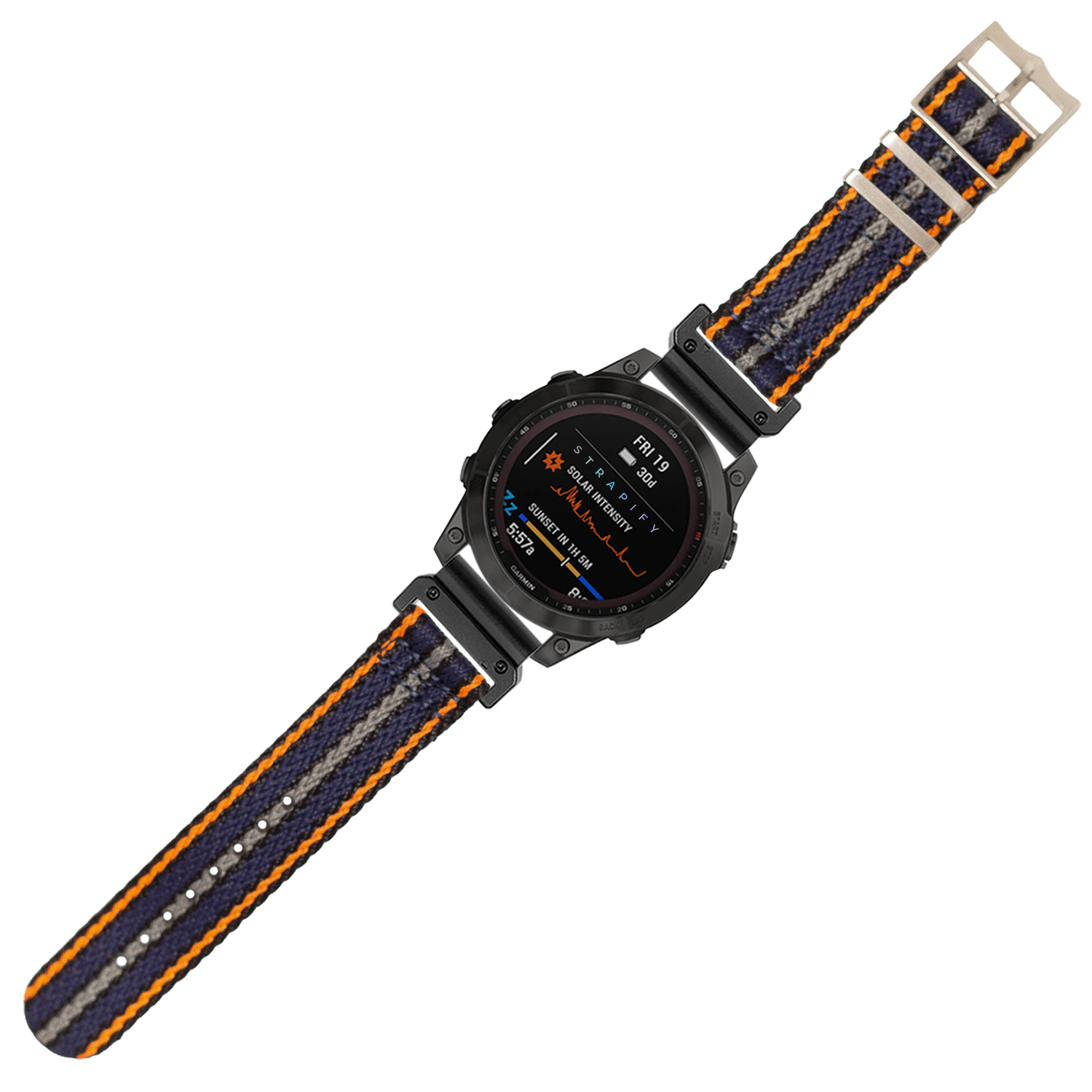 Black tactical smartwatch with orange and blue striped militex fabric strap, digital display showing fitness data and heart rate metrics