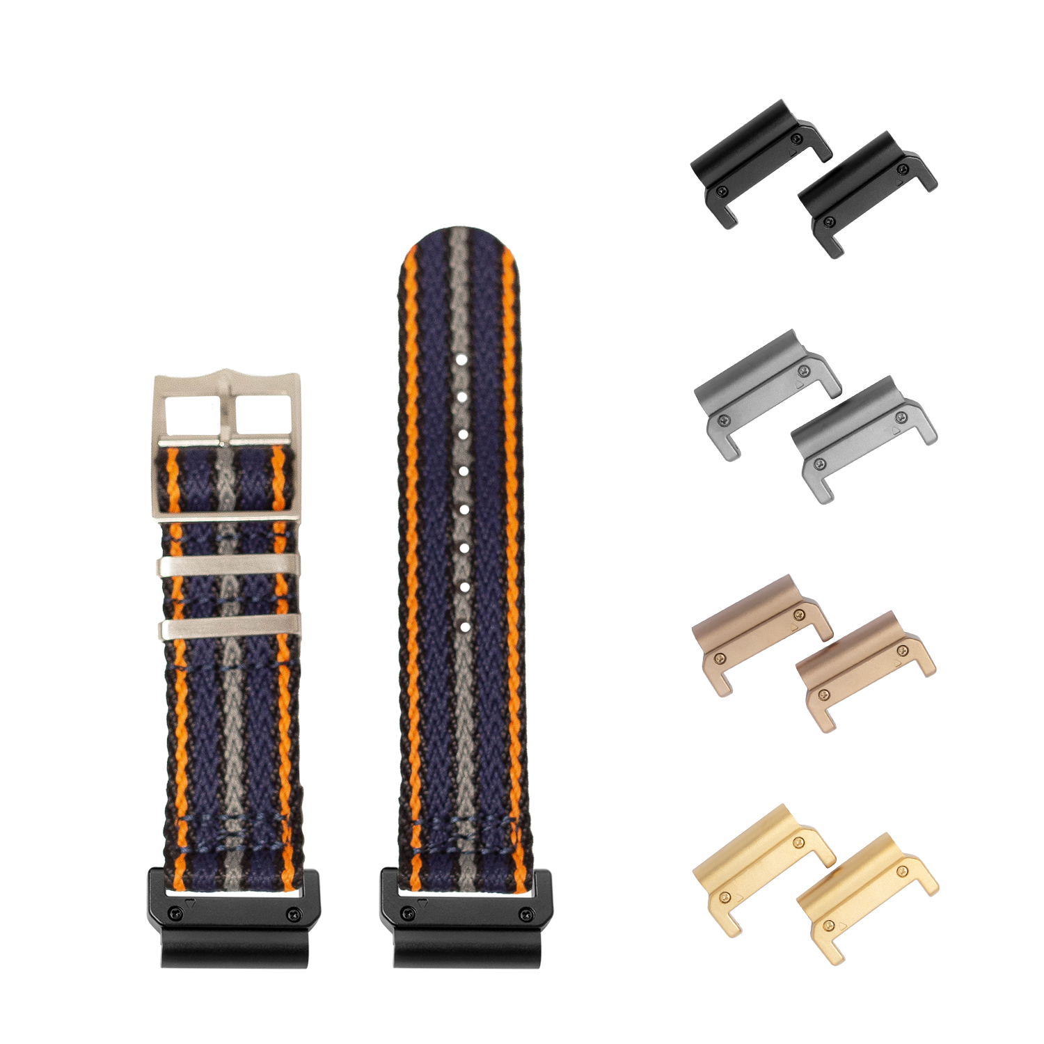 QuickFit Sharktooth Militex watch straps 26mm with interchangeable metal lugs in black, gray, bronze, and gold finishes