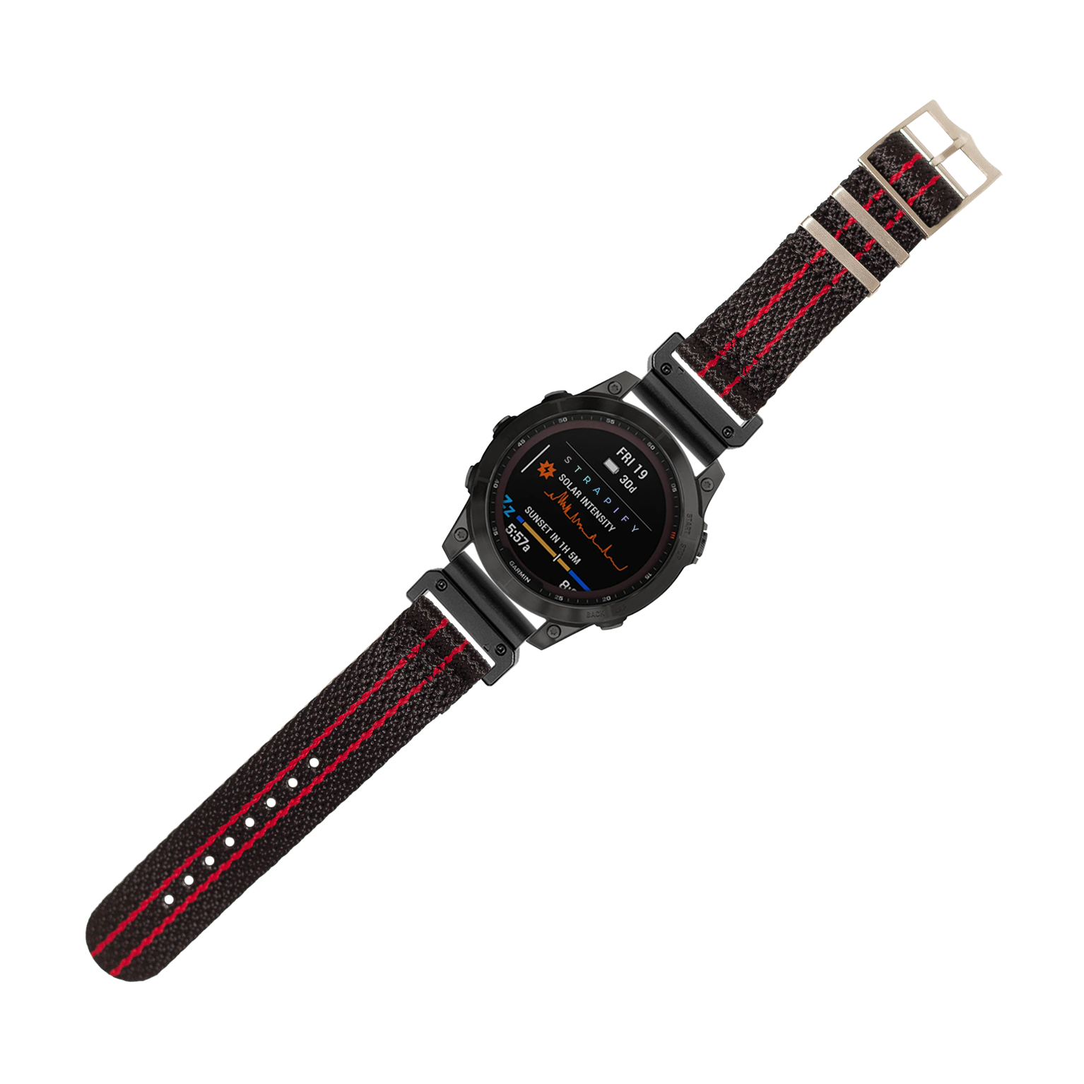 Black smartwatch with AMOLED display and black red striped fabric QuickFit strap military-style watch band 26mm